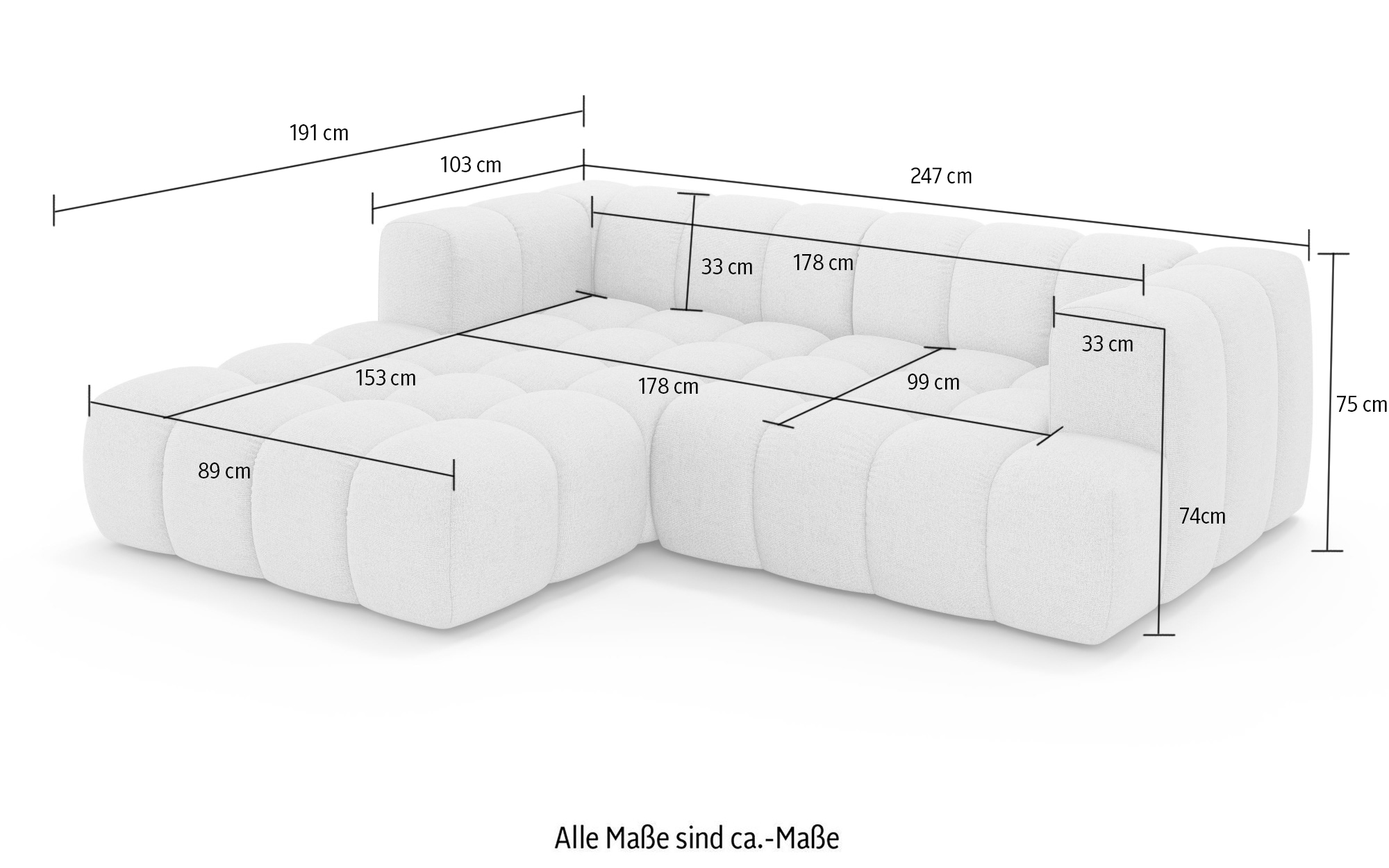 homsy by Ana Johnson Canapé d'angle »»XL« BOUBELLE L-Form extra tief, Design: Bubble-Optik, Breite 247cm« hoher Sitzkomfort dank Wellenunterfederung, XL Sitztiefe 100 cm