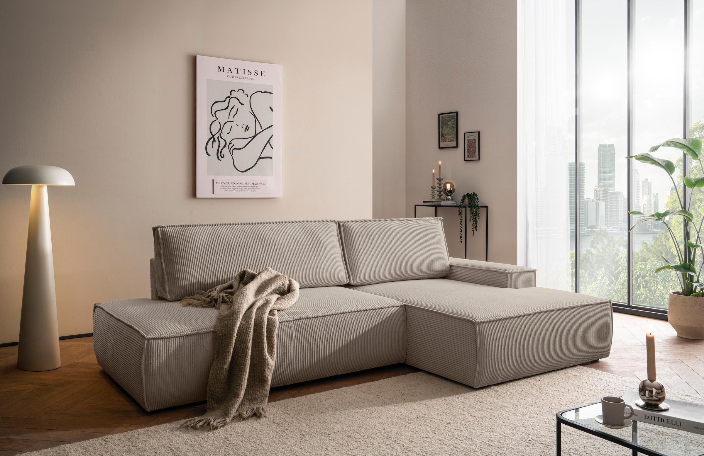 Image of Home affaire Ecksofa "SHERWOOD, Schlafsofa in L-Form offen (275cm), Cord, Leinenoptik" Schlaffunktion und Bettkasten, Kedernaht, hoher Sitz- & Liegekomfort