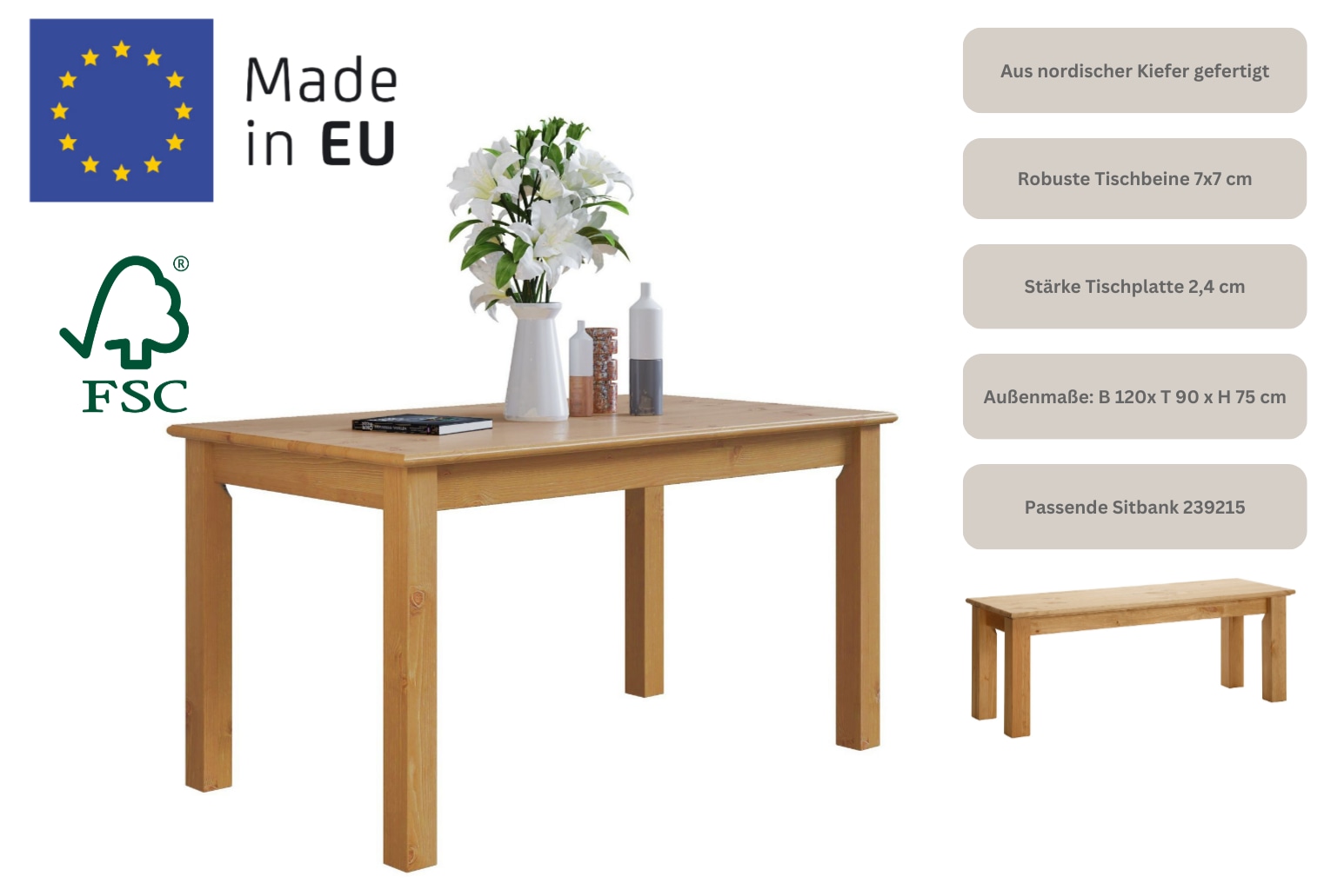 GOODproduct Esstisch »Konrad, Tisch, Speisetisch, Esszimmertisch« aus FSC®-zertifizierter Kiefer, in Breiten  120/140/160 cm