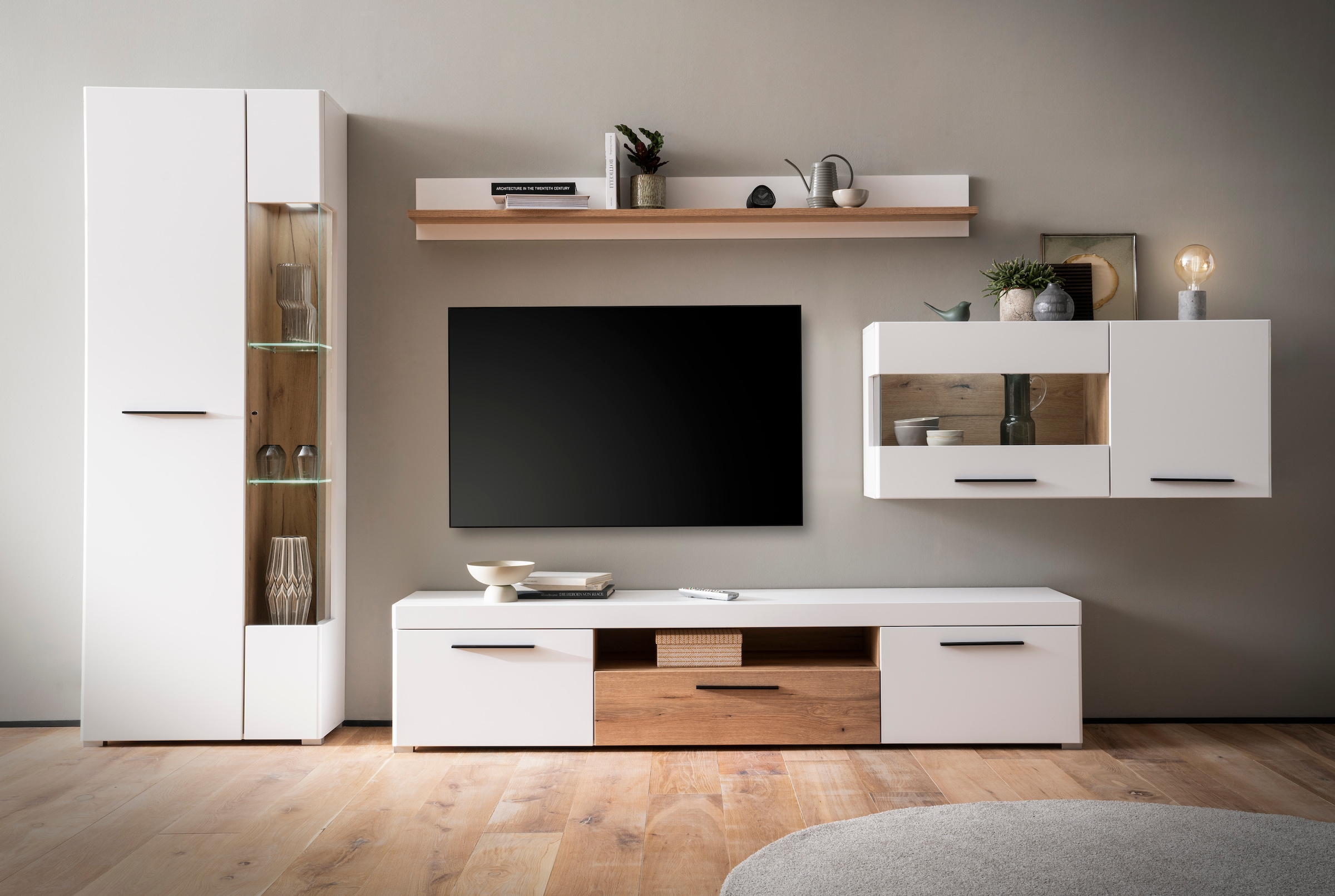 Image of Home affaire Wohnwand "Salerno, moderne Anbauwand, Wohnzimmer-Set, Weiss mit Eiche Evoke Dekor" Set, 4 Stk. tlg.