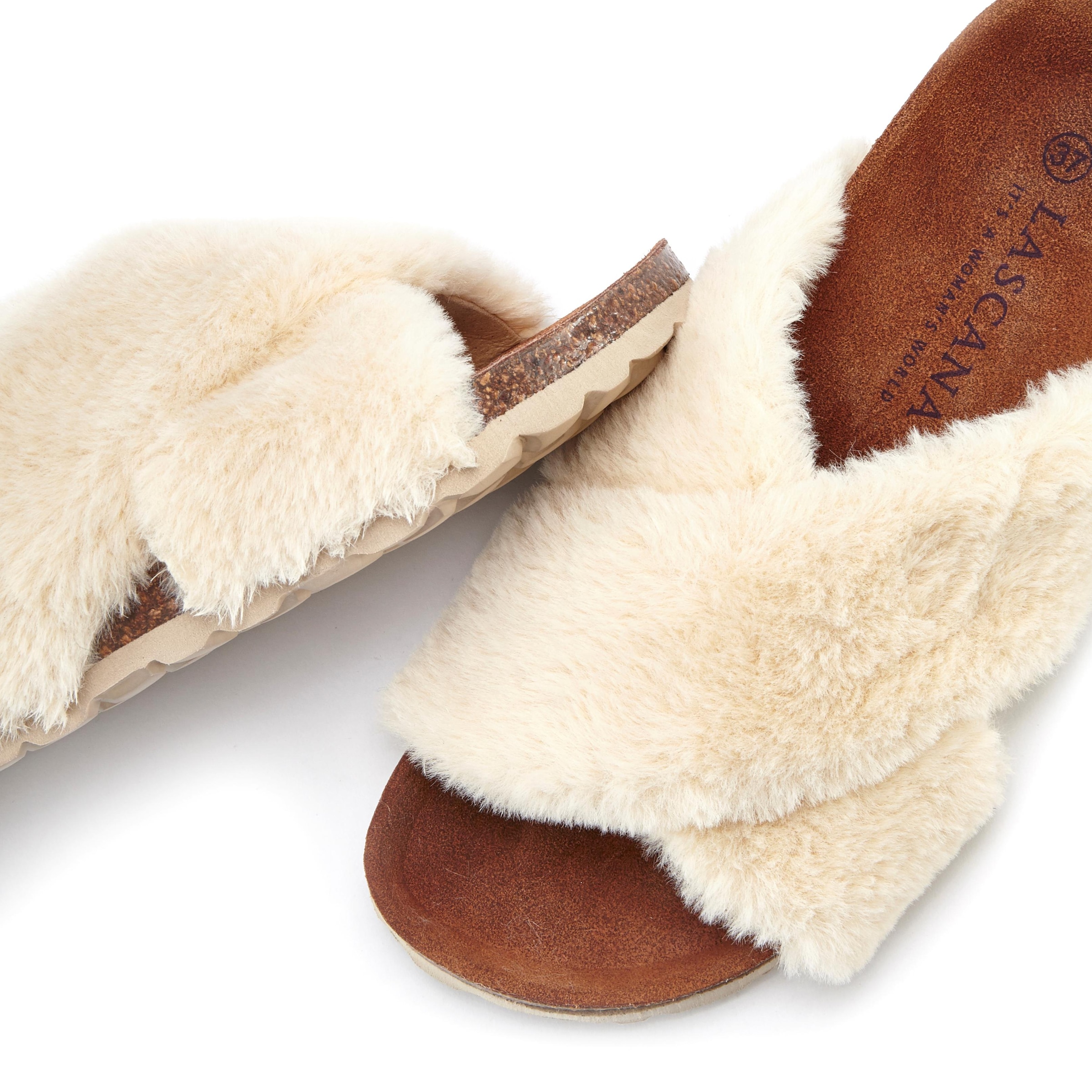 LASCANA Pantolette »Pantoffel«, Mule, Sandale, offener Schuh, Hausschuh, Korkfussbett mit Fellimitat