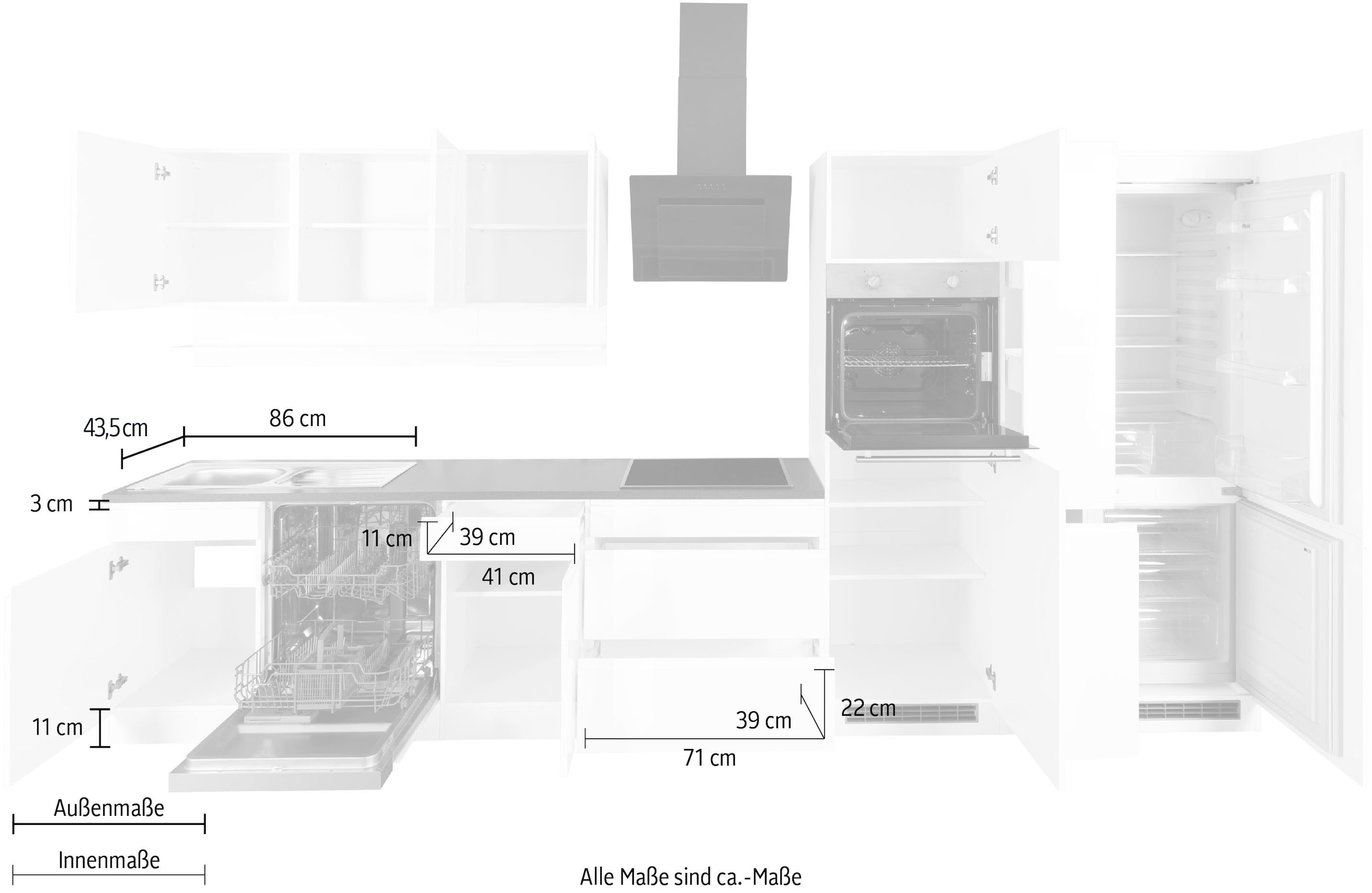 KOCHSTATION Küchenzeile »KS-Virginia,neu in verbesserter Ausführung« Breite 390 cm, Soft-Close, ohne E-Geräte