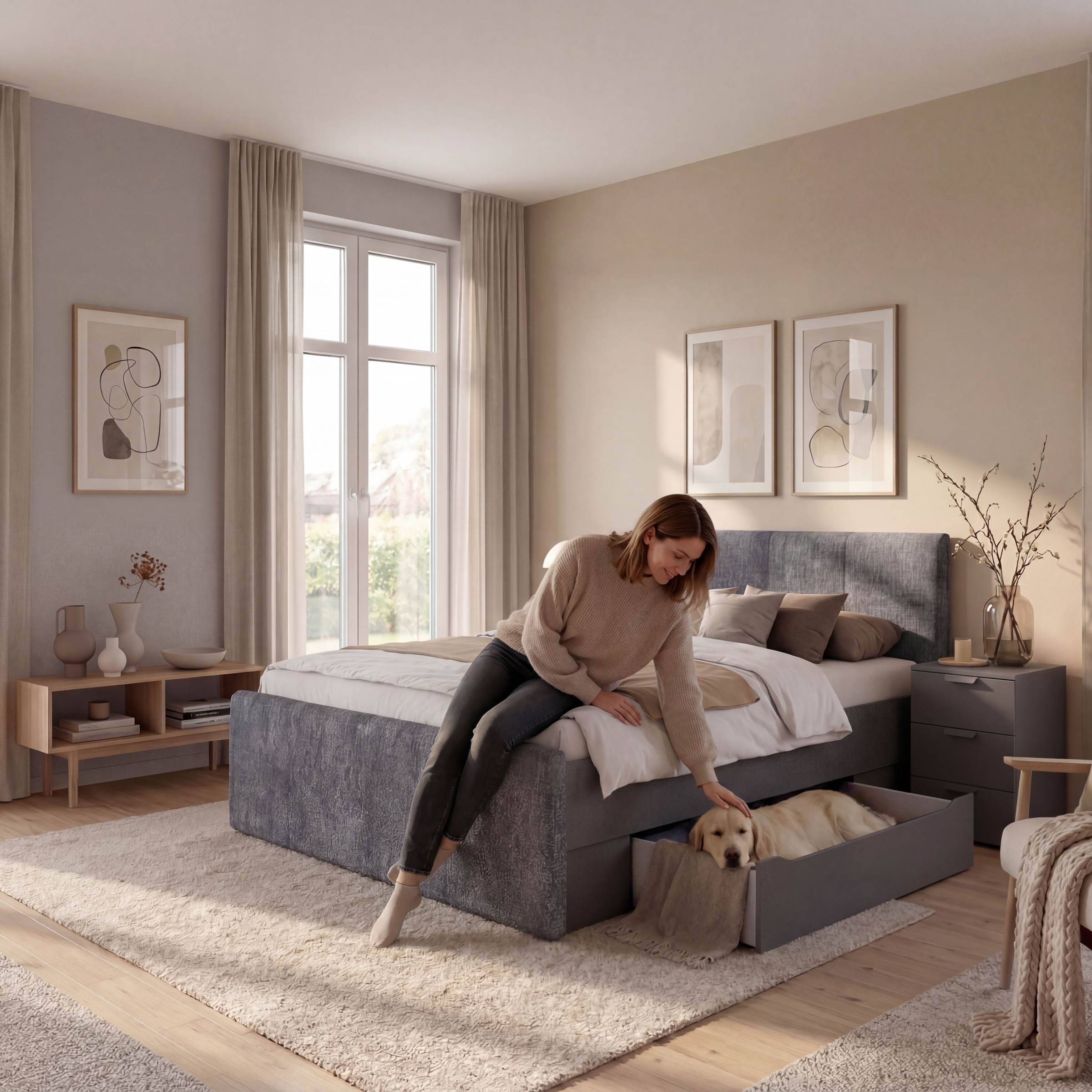 GOODproduct Bett »Doppelbett Polsterbett Stauraumbett AGORDO« 180x200 cm, Kopf- und Fussteil aus Cordstoff oder Webstoff,  praktische Bettschubkästen für zusätzlichen Stauraum MADE IN GERMANY