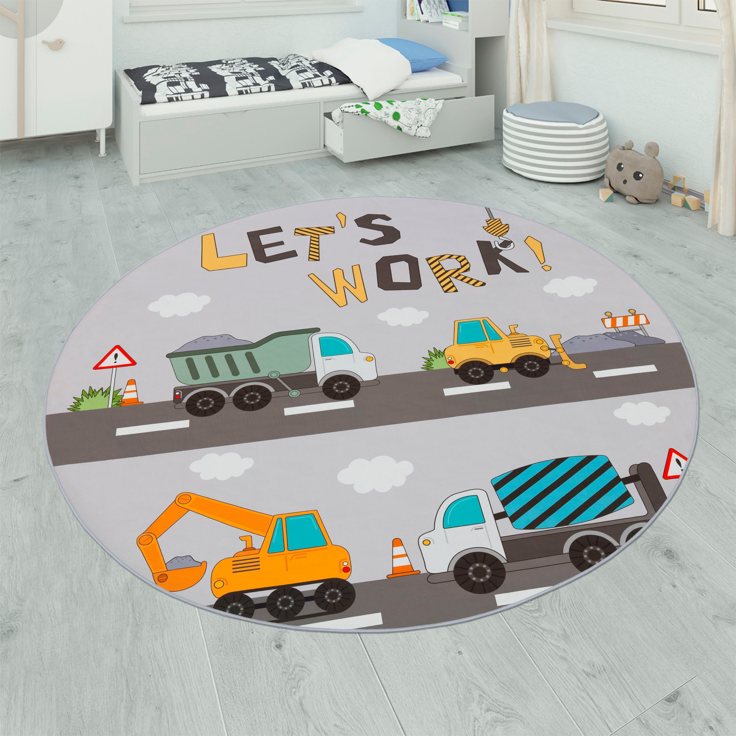 Image of Paco Home Kinderteppich "Bino 578" rund 4 mm Höhe Spielteppich, Motiv Autos & Baustelle, Kinderzimmer
