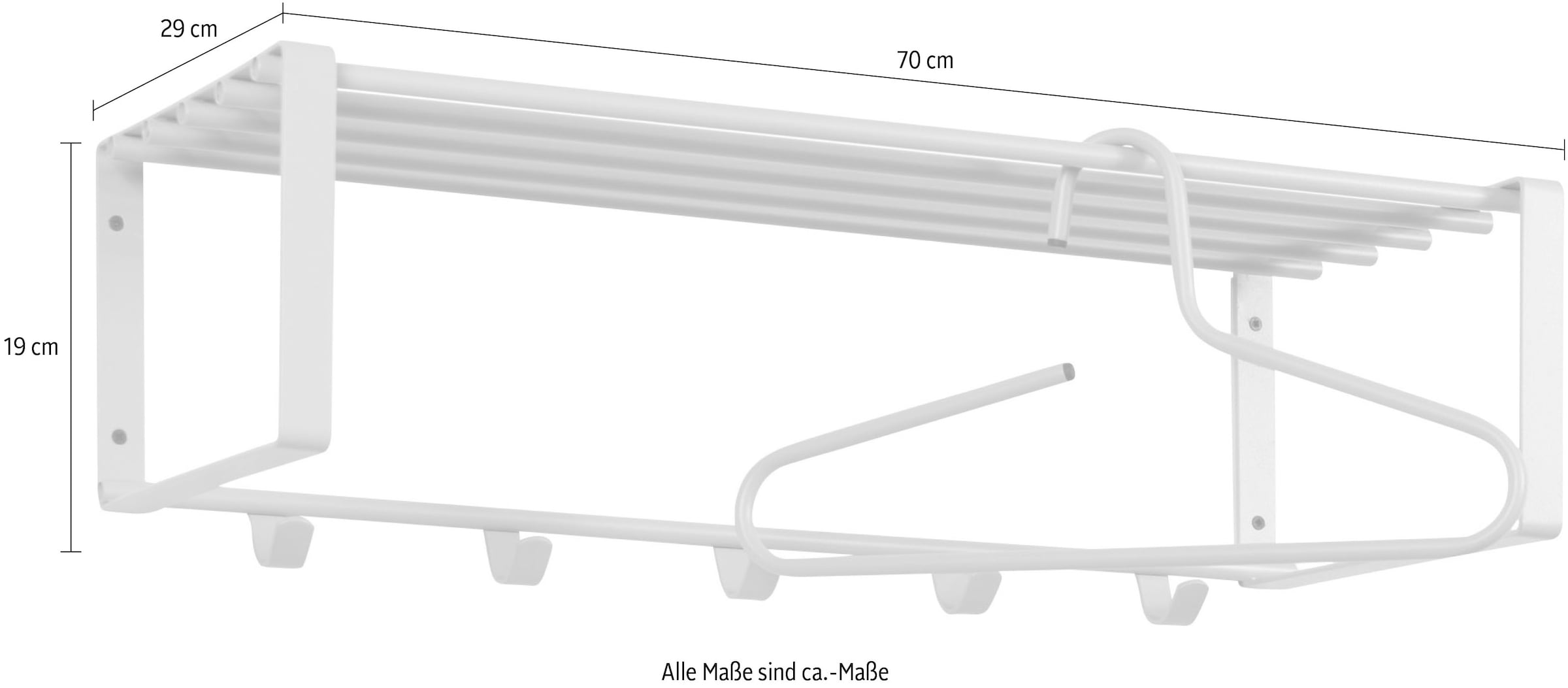 Spinder Design Barre de penderie »REX« porte-manteau mural en acier avec tablette à chapeaux et 5 ou 7 crochets