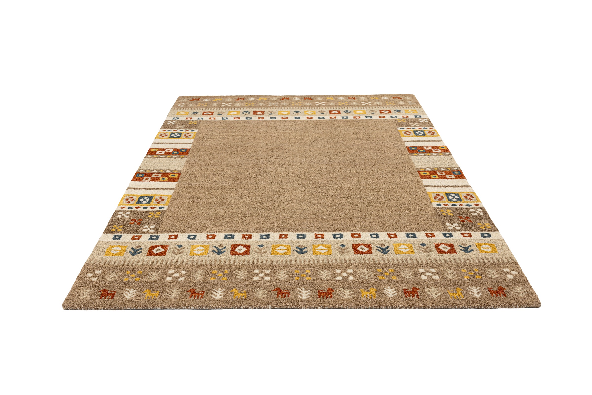 THEKO Tapis en laine »Gabbeh Rahmen, reine Wolle, Handgefertigt, mit Bordüre« Rectangulaire 14 mm Höhe Motif animalier, salon, chambre à coucher, salle à manger