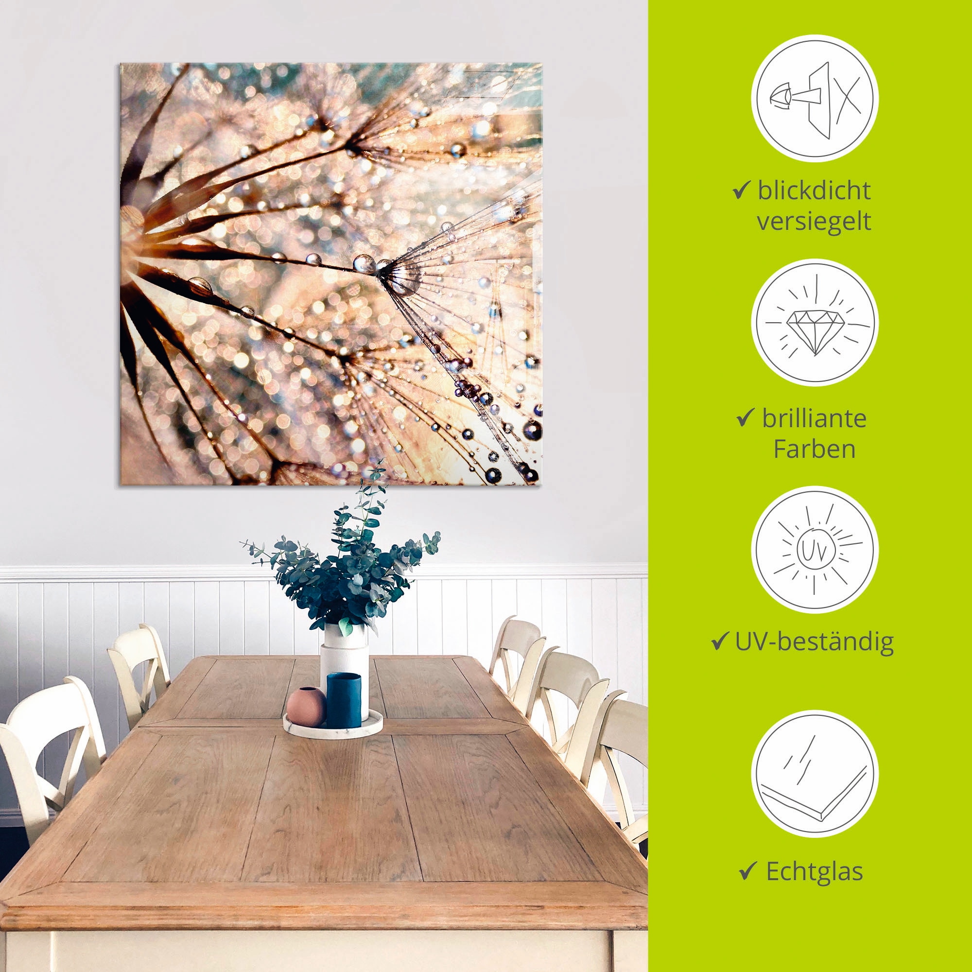 Artland Glasbild »Pusteblume - Kisses from rain«, Blumen, (1 St.), in verschiedenen Grössen