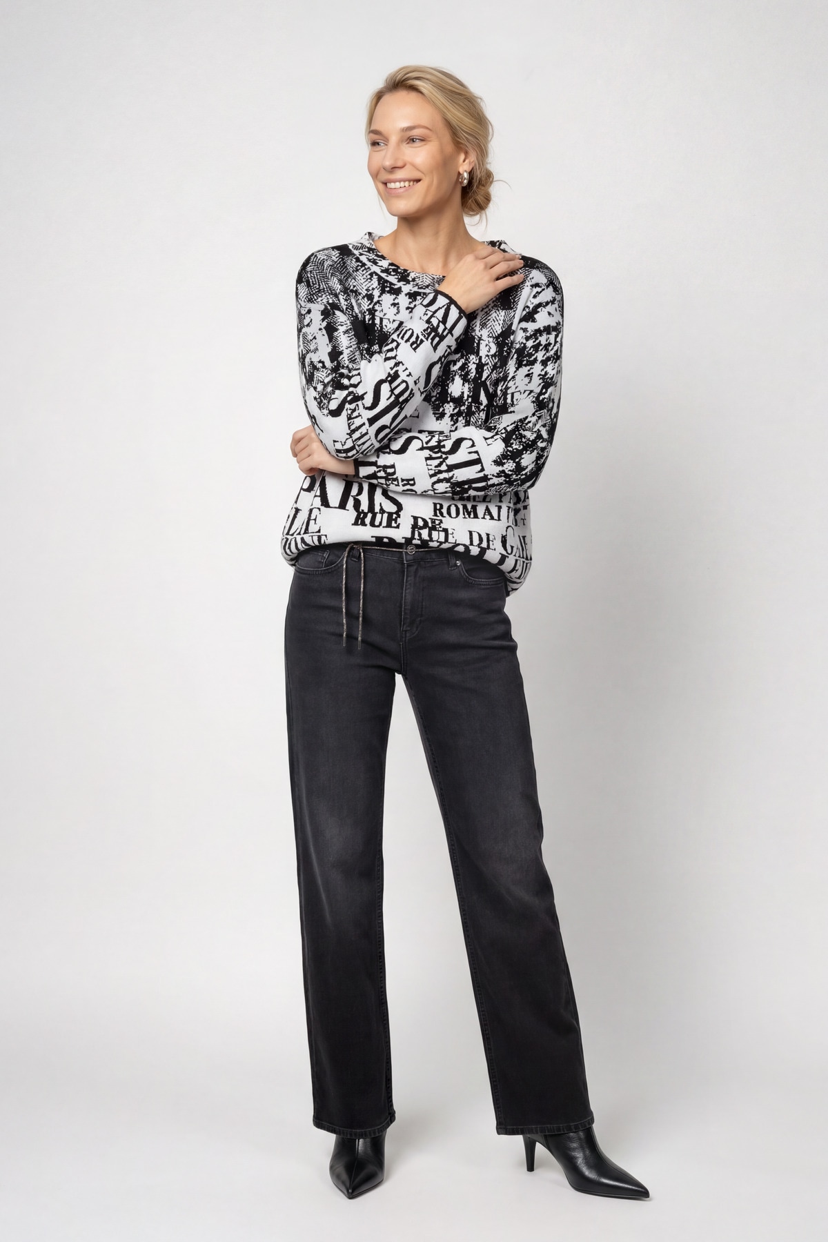Monari Pull à col rond »Pullover Buchstabenjacquard« Coupe régulière avec col rond