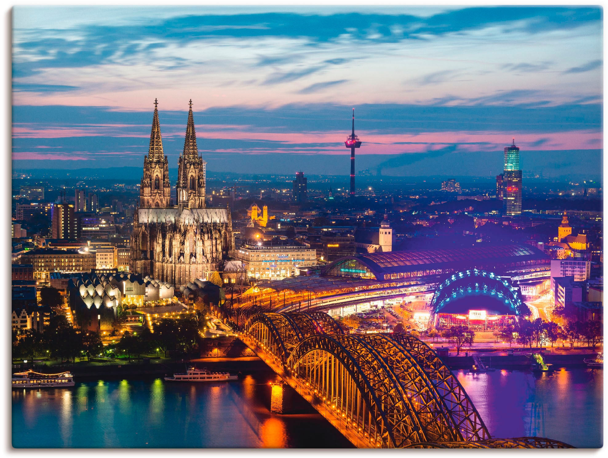 Image of Artland Leinwandbild "Köln Panorama am Abend" Deutschland 1 Stk. tlg. auf Holzrahmen gespannt