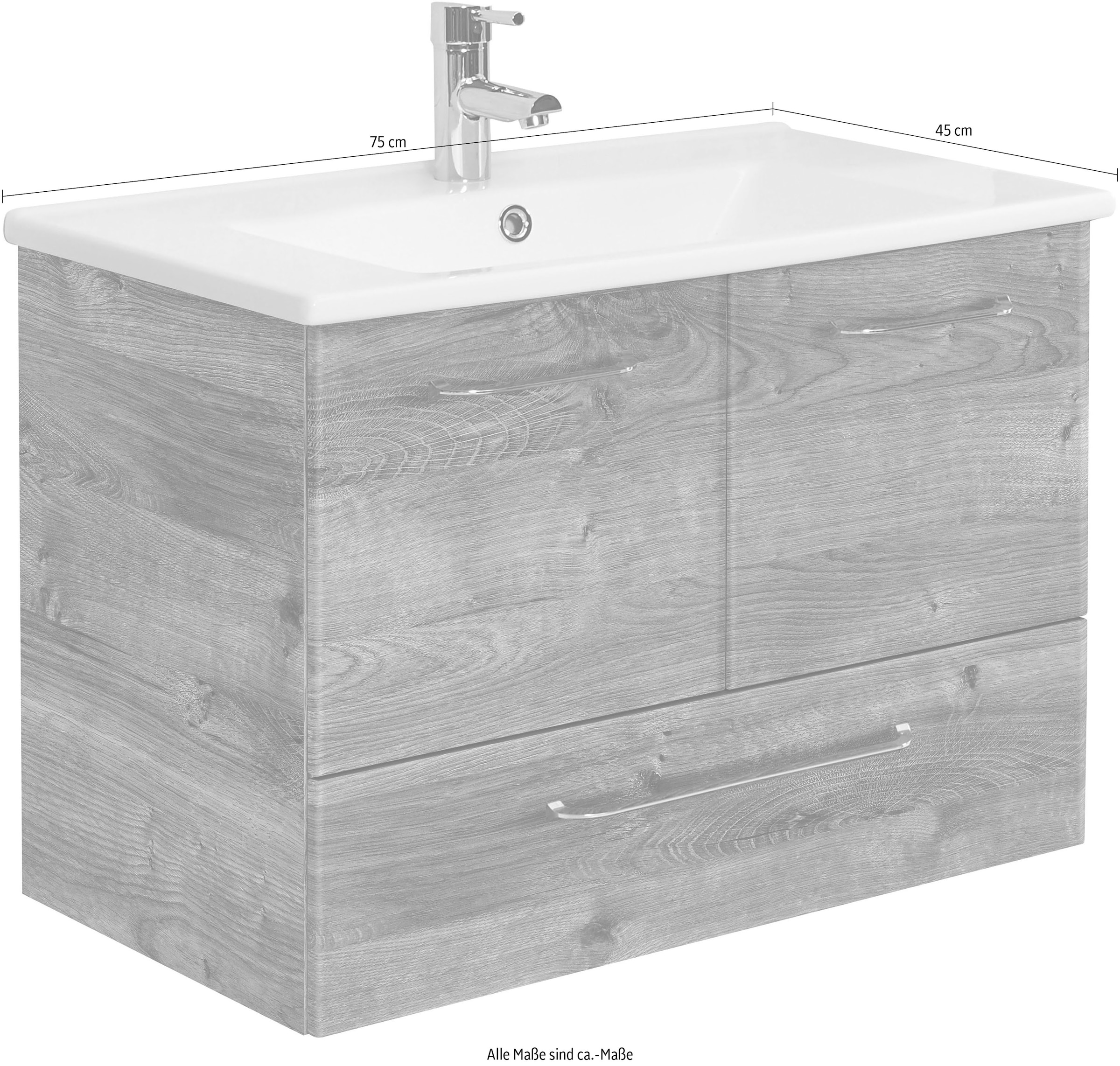 Saphir Waschtisch »Quickset Keramikwaschtisch mit Unterschrank, 75 cm breit, Waschplatz« Griffe in Chrom Glanz, inkl. Türdämpfer, 2 Türen, 1 Schublade