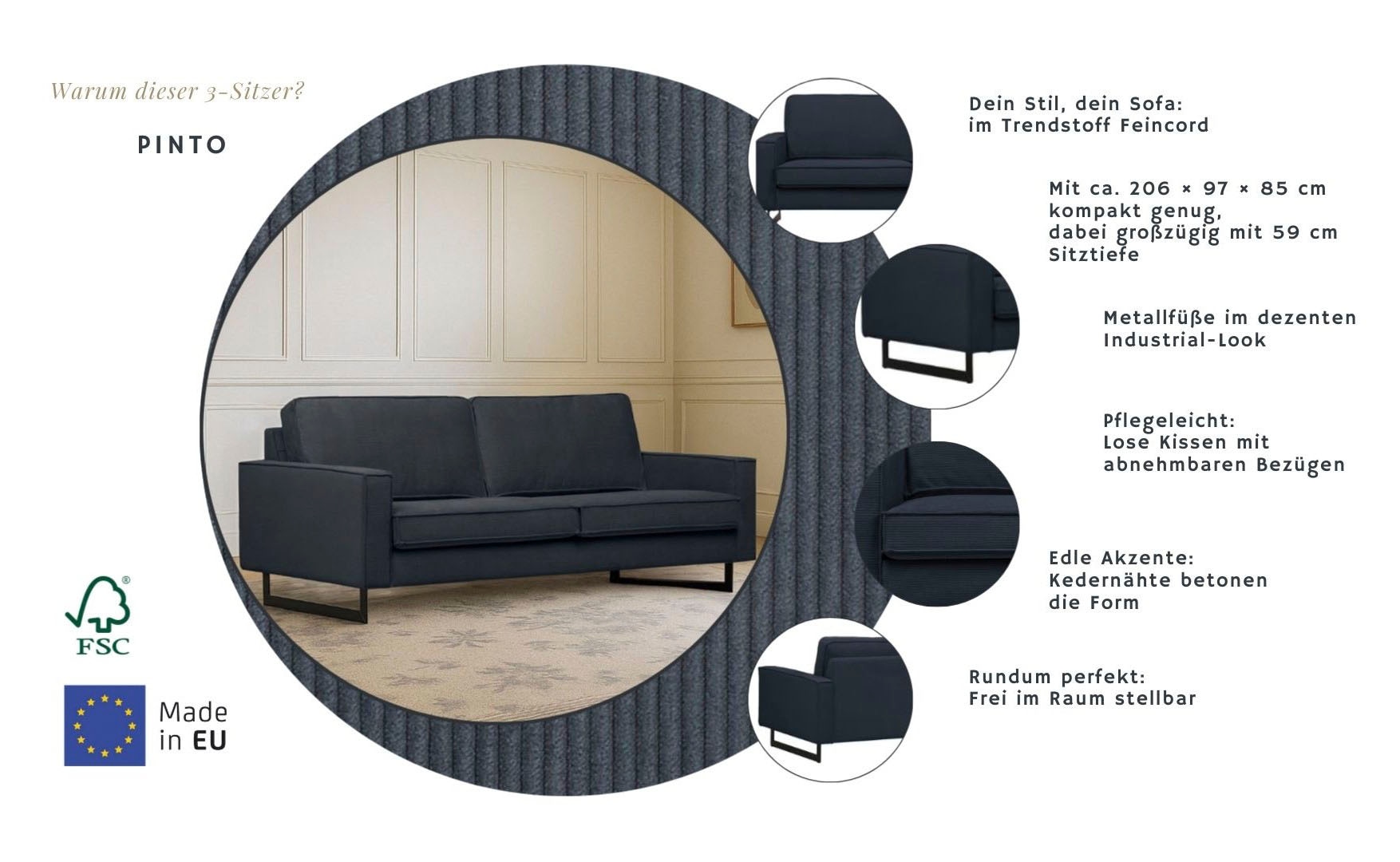 Home affaire 3-places »Pinto, 206 cm, Cord, Chenille, Lederoptik« mit Keder, schwarze Metallfüsse, Wellenunterfederung