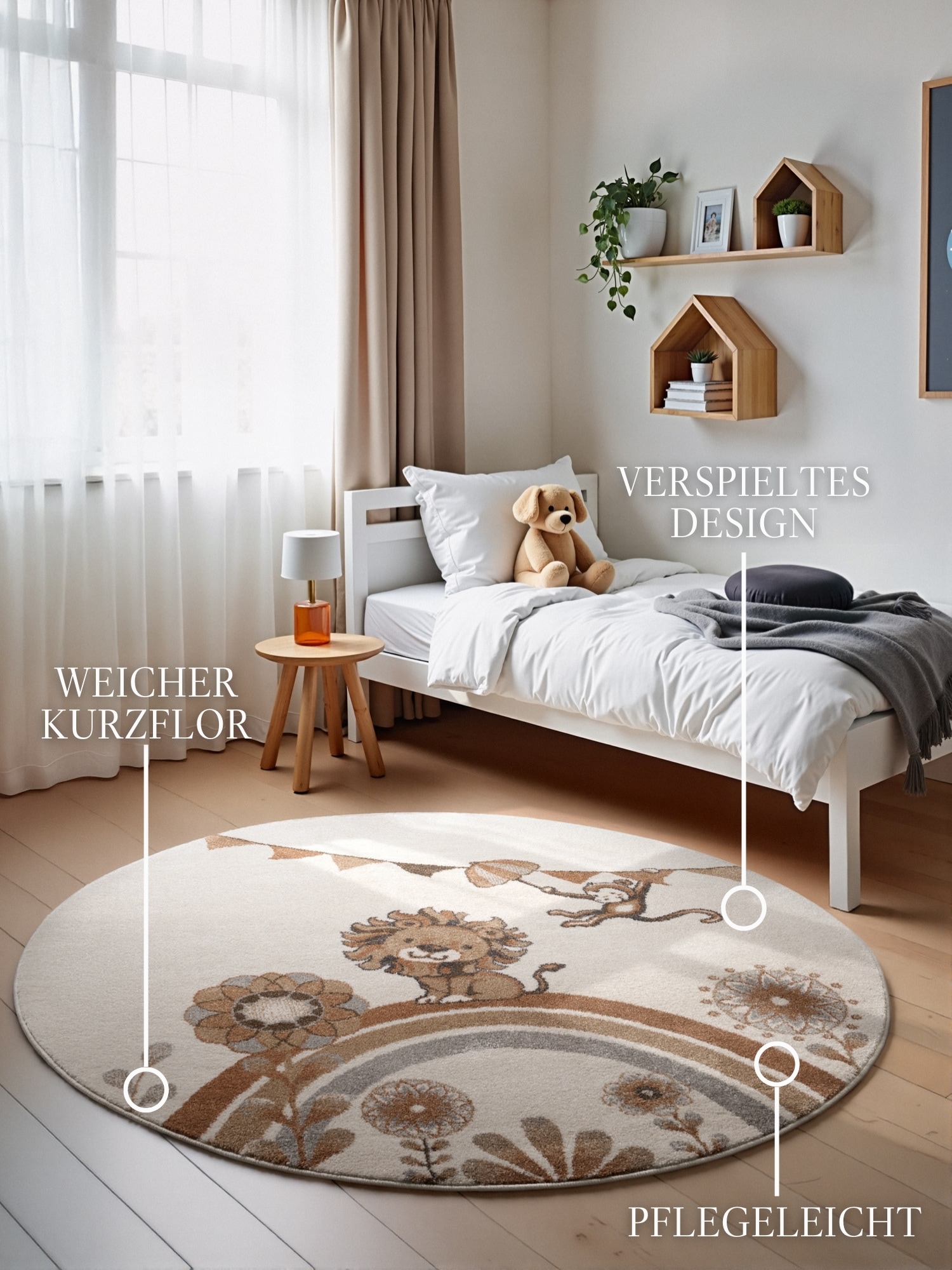 Villeroy & Boch Kinderteppich »Roar like a Lion Teppich« rund 9 mm Höhe Spielteppich weich, Kinderzimmer, Boho Kids Spielunterlage, Tieremotiv