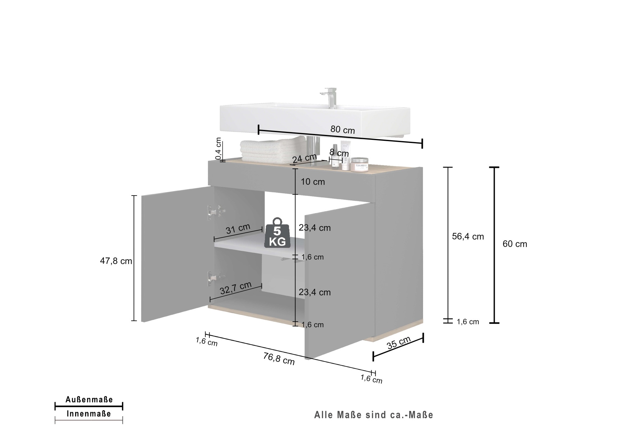 welltime Armoire sous lavabo »Garda« 1 cuis tlg. Made in Italy, façades laquées haute brillance, beaucoup de rangement