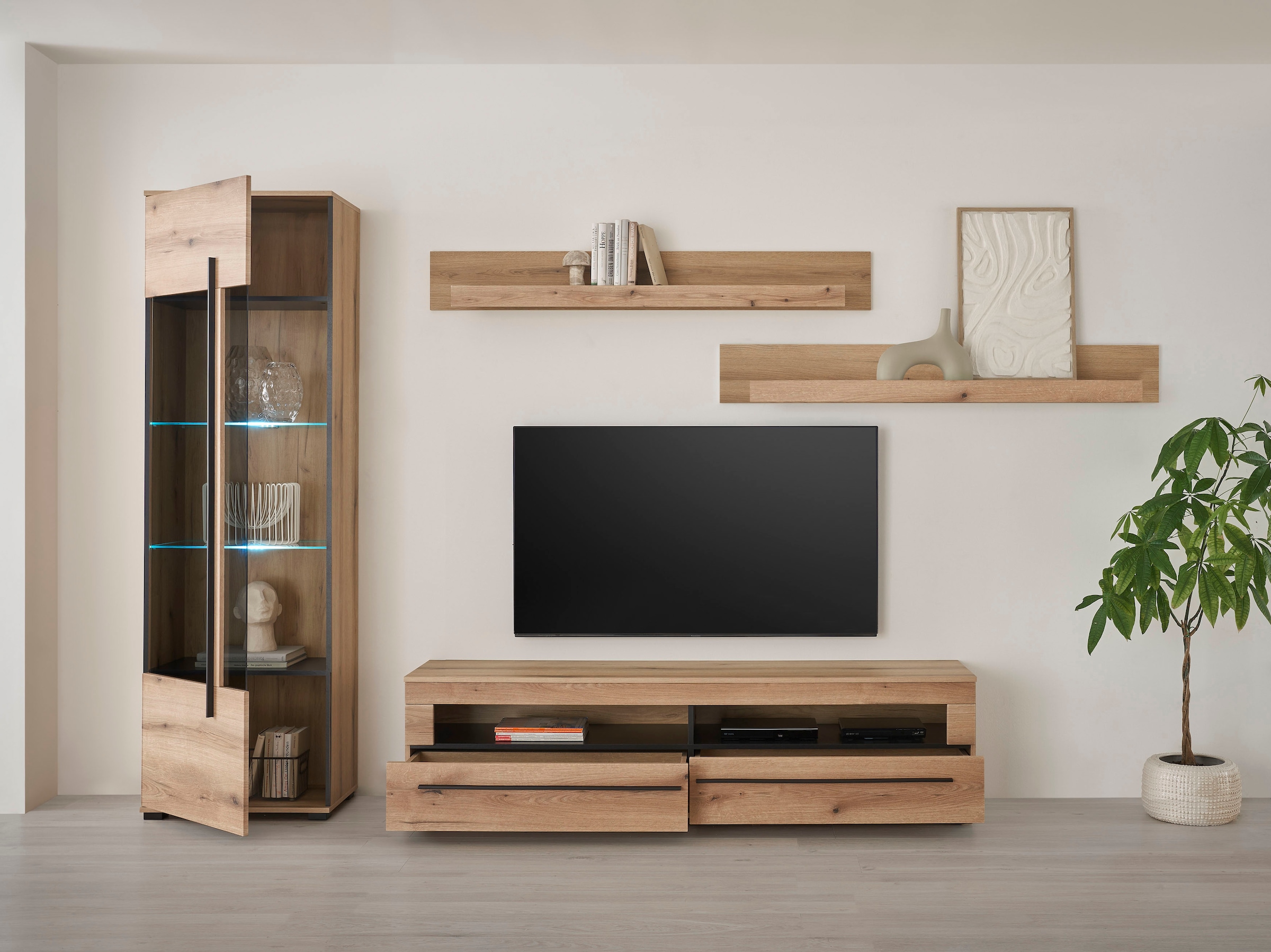 INOSIGN Wohnwand »Cantara, moderne Anbauwand, Wohnzimmer-Set, in Eiche Evoke oder Weiss«, (Set), enthält eine Vitrine, ein Lowboard und zwei Wandboards