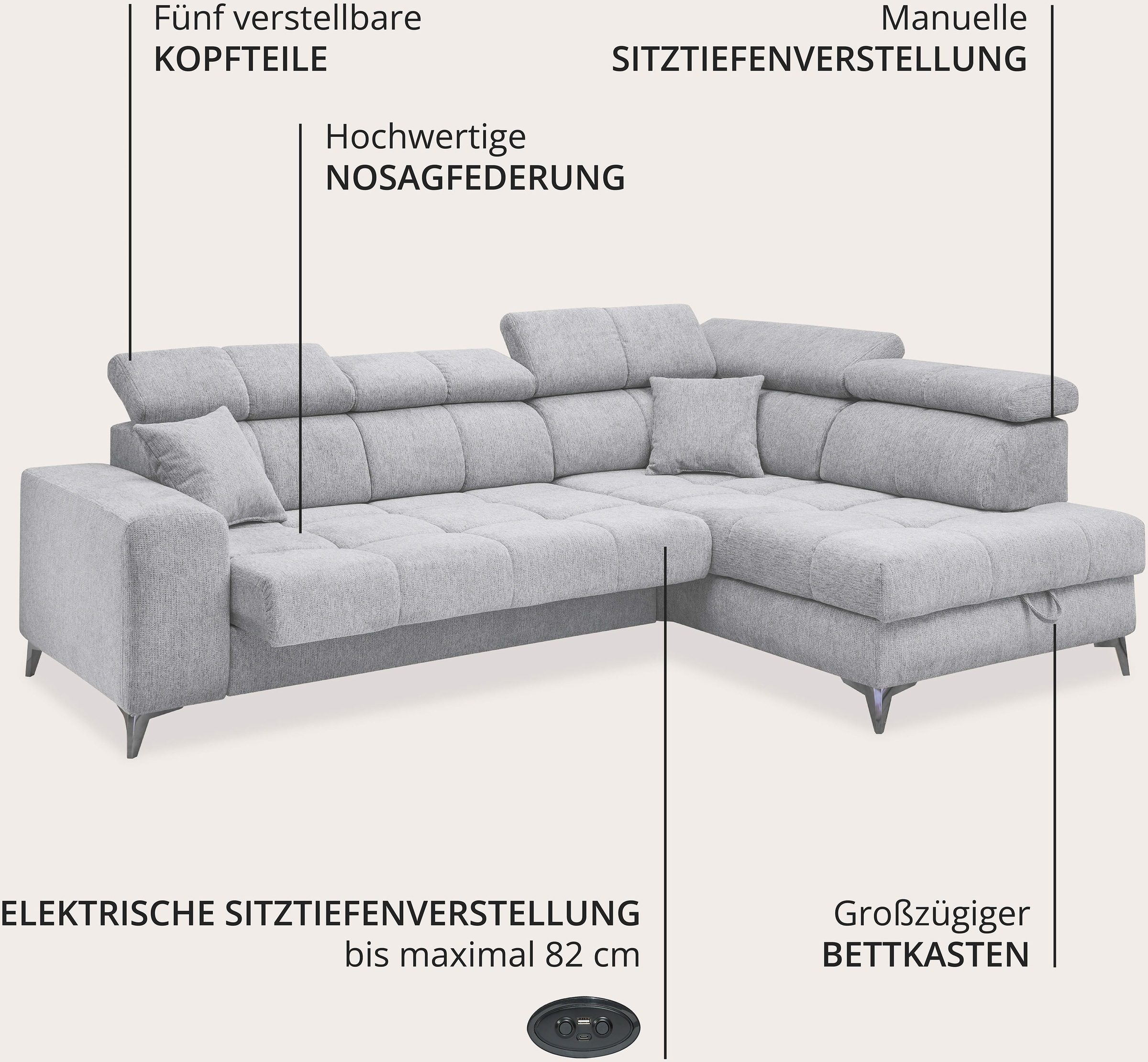 ED EXCITING DESIGN Canapé d'angle »Sydney L-Form« motorischer Sitztiefenverstellung, USB-Port & 2 Zierkissen