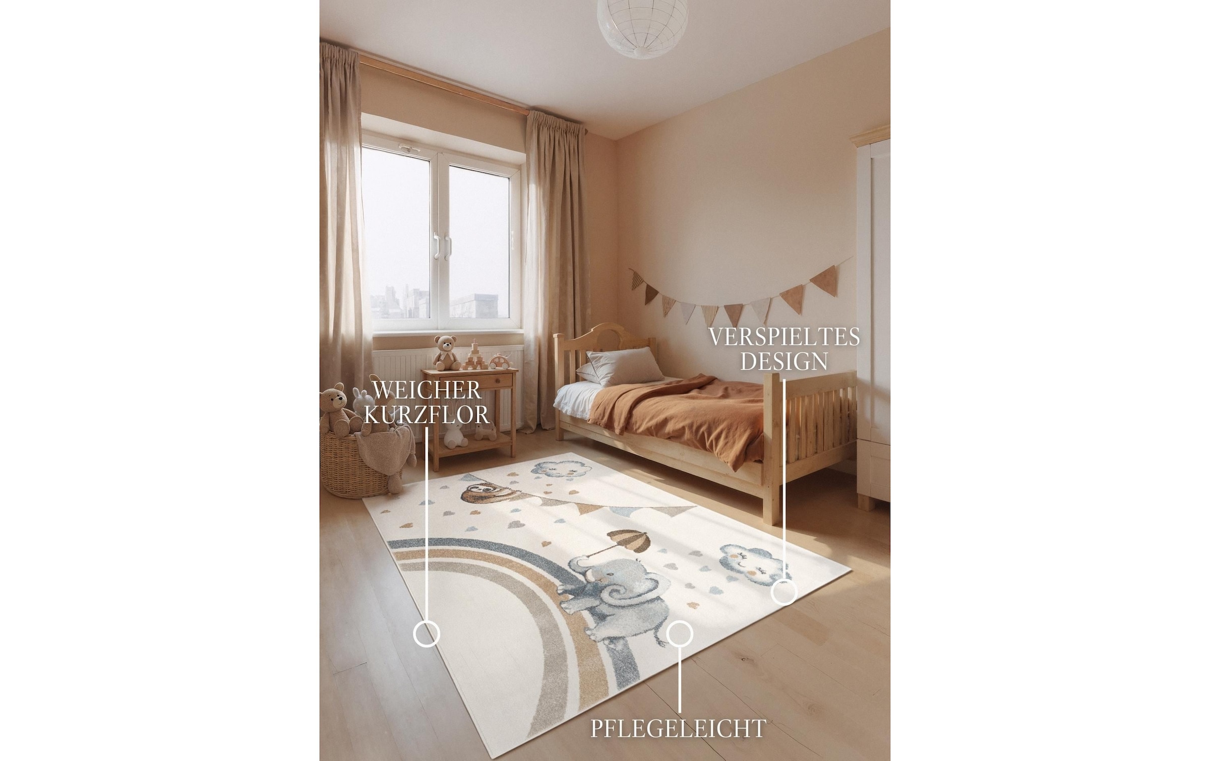 Villeroy & Boch Kinderteppich »Walk like an Elephant Rainy Party Teppich« rechteckig 9 mm Höhe Spielteppich weich, Kinderzimmer, Boho Kids Spielunterlage, Tieremotiv