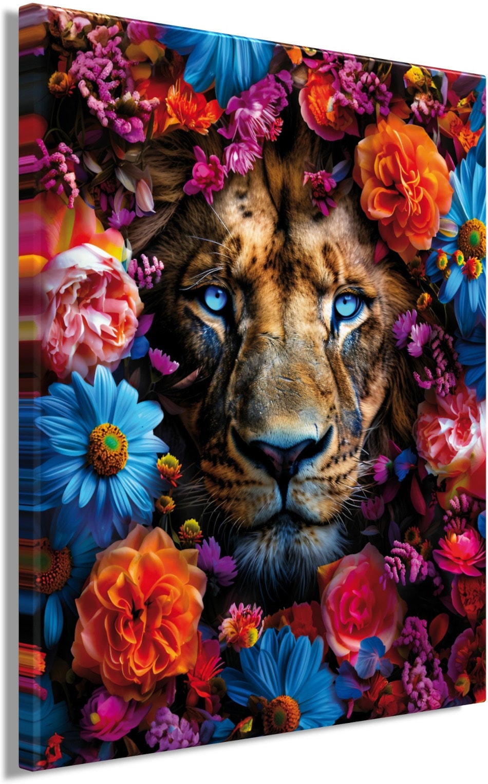 Bönninghoff Leinwandbild »Wandbild LÖWE BLUMENKRANZ XXL 118x140 cm – Leinwandbild Keilrahmen« Blumen | Blumenbilder | Kunst | Löwe | Löwen | Pflanzen | Pflanzenbilder | Raubkatzen | Tiere 1 Stk. tlg. auf Keilrahmen gespannt