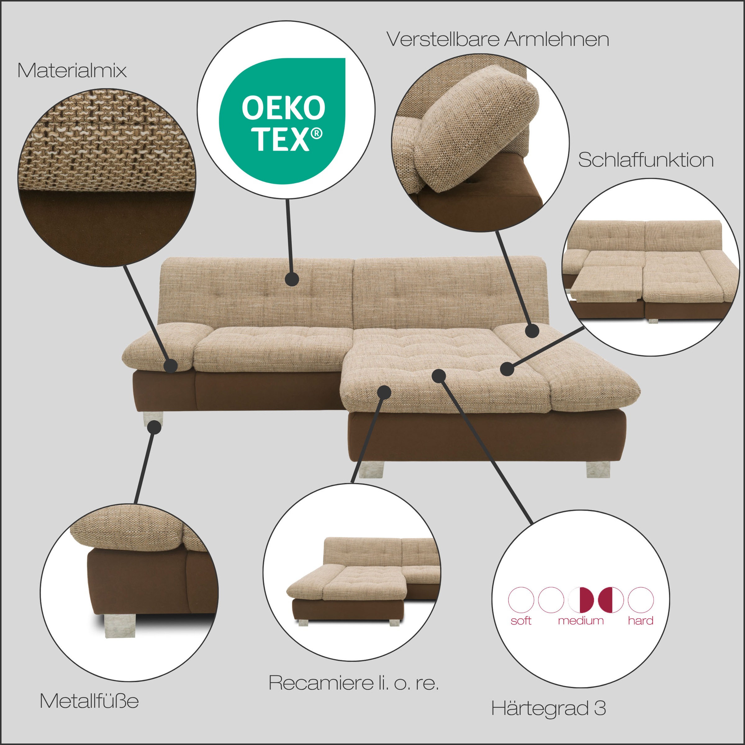 DOMO collection Ecksofa »100031 kompakte Stellmasse, komfortabel und bequem, L-Form«, wahlweise mit Bettfunktion und Armteilverstellung. Breite 234cm