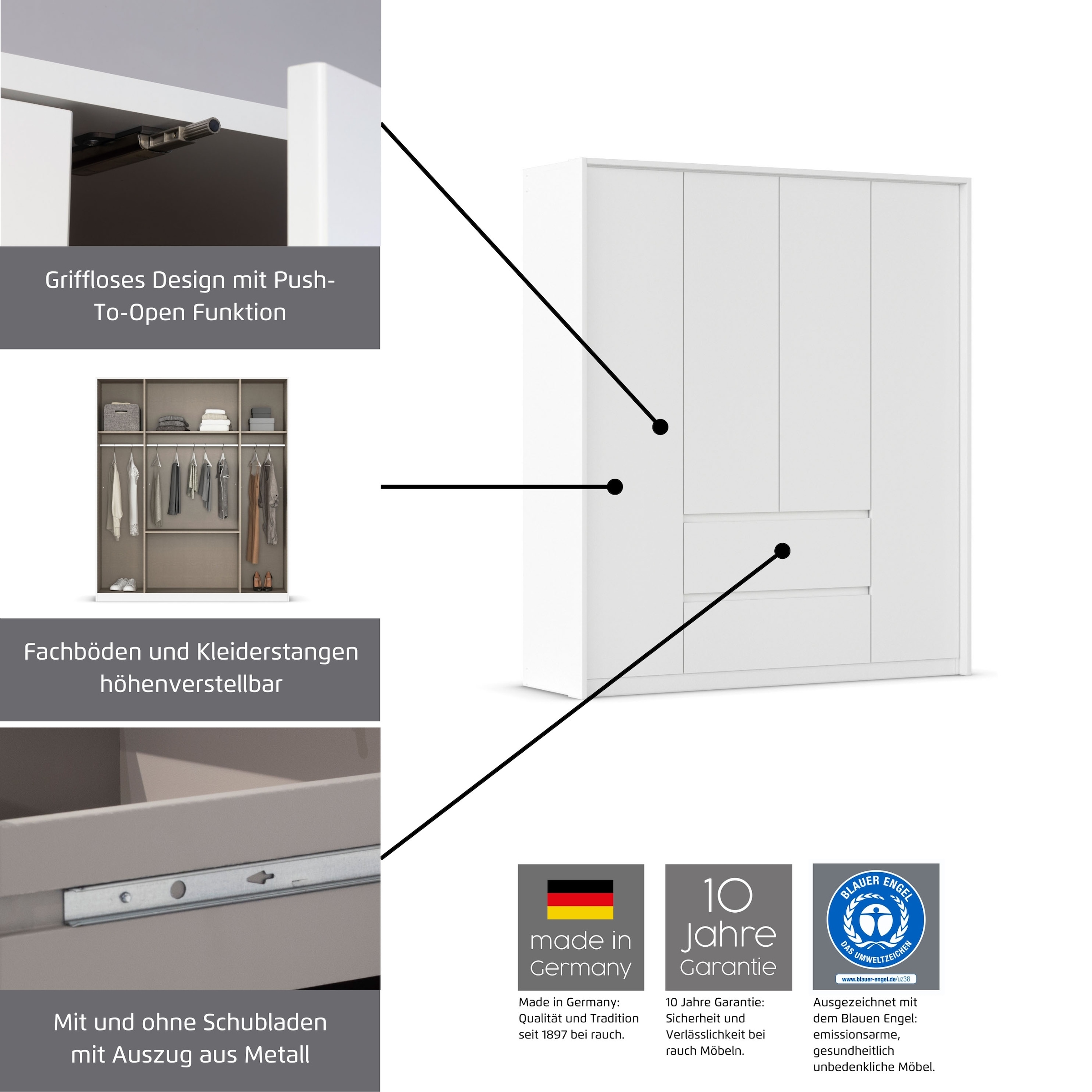 rauch Drehtürenschrank »Kleiderschrank Schrank Garderobe Garderobenschrank MAINZ«, grifflose Front, Aussentüren mit Push-to-Open Funktion MADE IN GERMANY