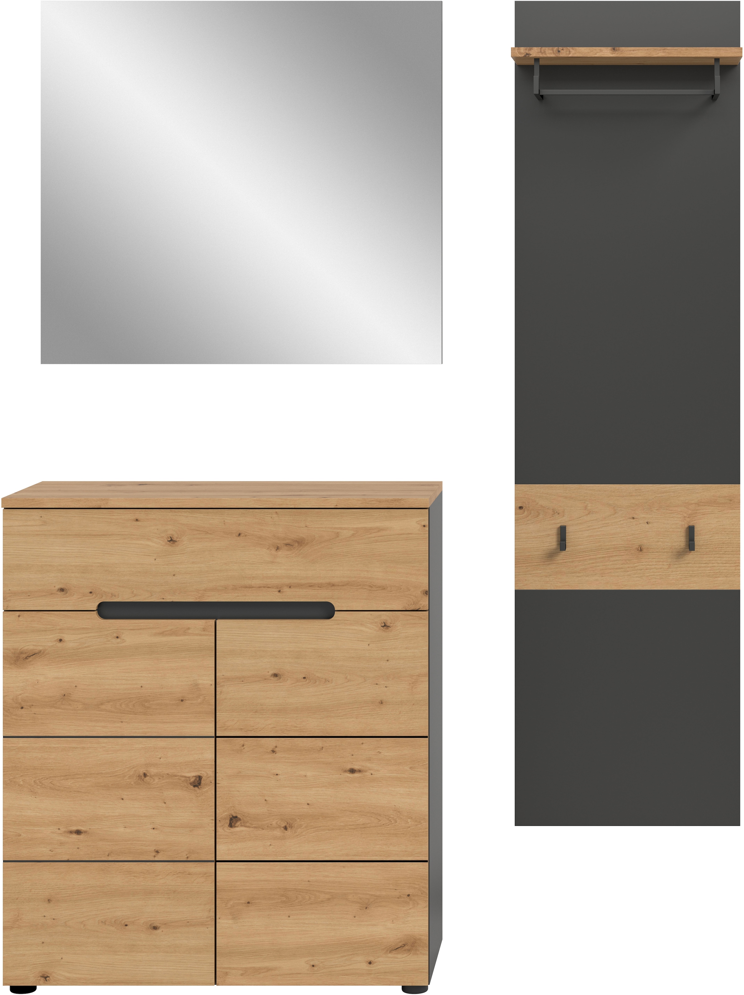 Home affaire Garderoben-Set »REHAT, TOPSELLER!, 3-teilig, Breite 140 cm, individuell erweiterbar« Set, bestehend aus: Kommode, Spiegel und Garderobenpaneel, 3 Stk. tlg.