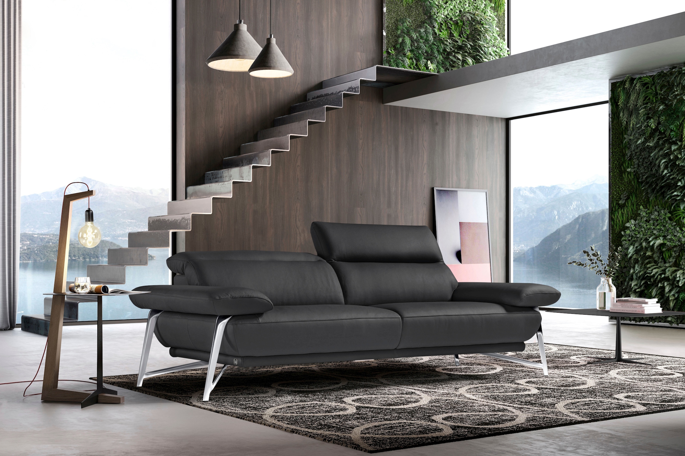Image of Egoitaliano 2,5-Sitzer "Anais, Designsofa mit erstklassigem Sitzkomfort, Fussfarbe chrom" Kopfteil verstellbar, 232 cm, Leder BULL, schwarz