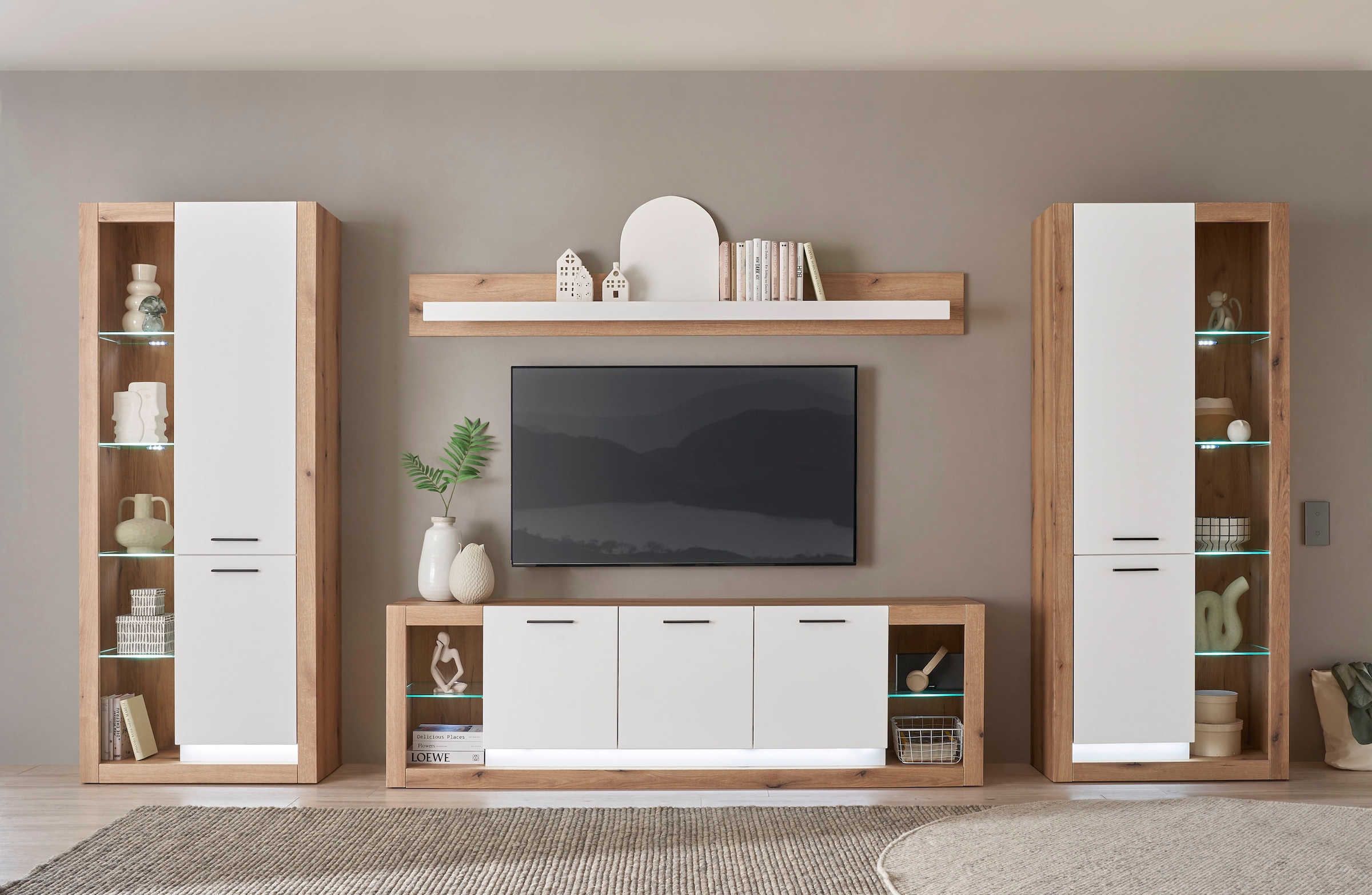 Image of Home affaire Wohnwand "Brixen, moderne Anbauwand, Wohnzimmer-Set, Eiche Evoke Dekor mit Weiss" Set, 4 Stk. tlg.