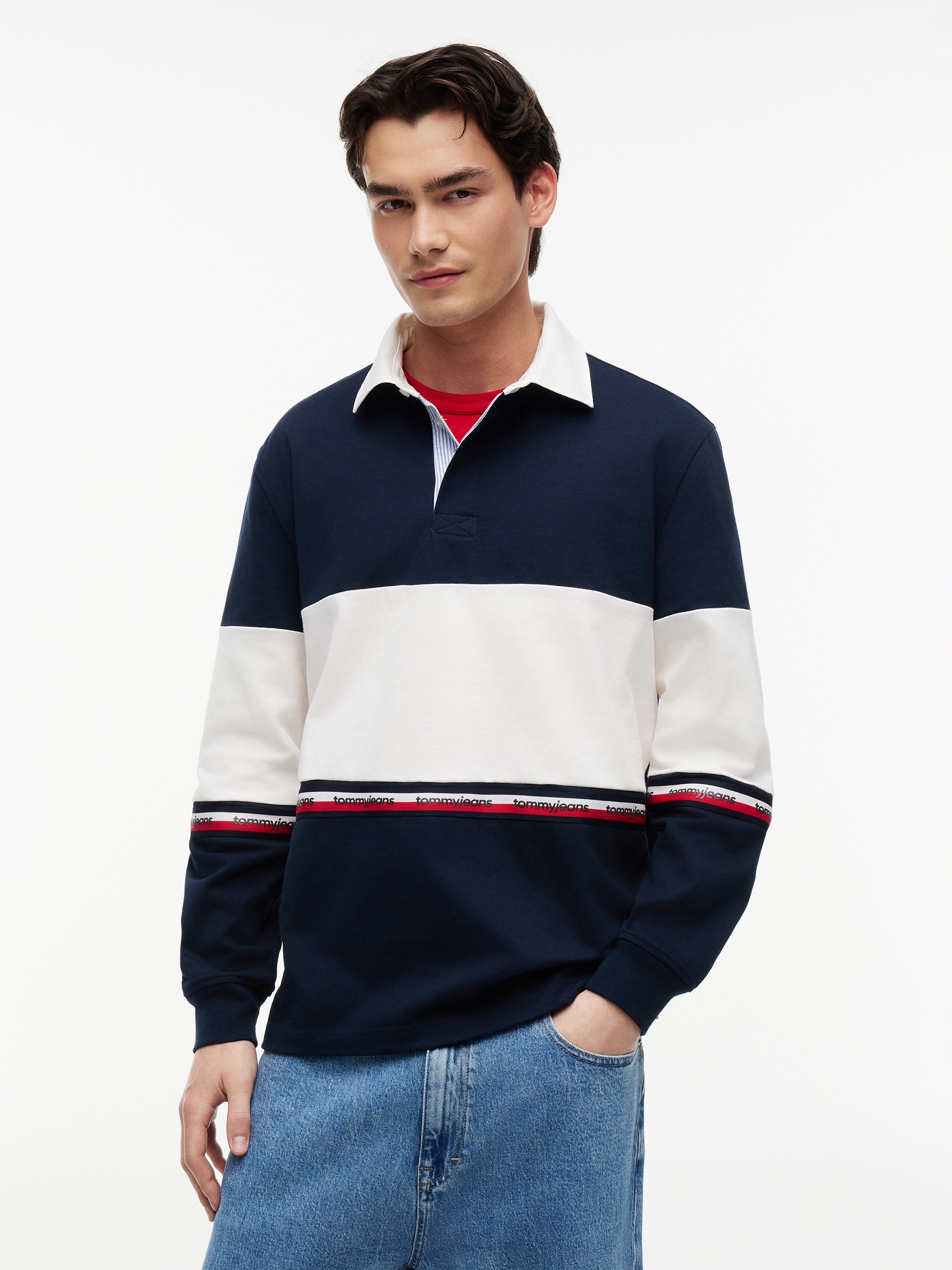 Image of Tommy Jeans Langarm-Poloshirt "RELAX CBLOCK RUGBY" Relaxed fit mit Polokragen