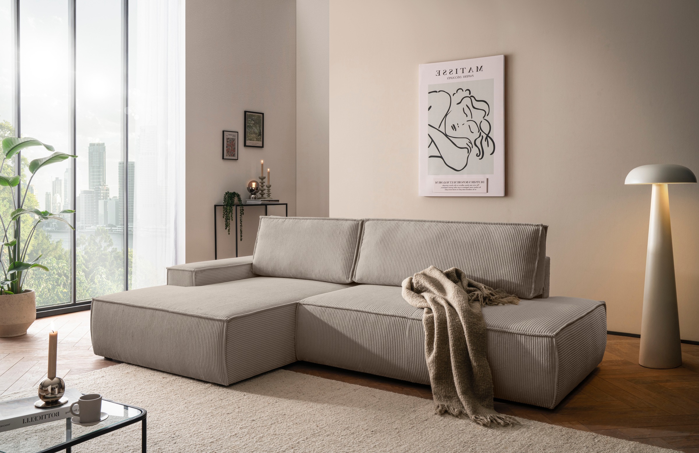 Home affaire Ecksofa »SHERWOOD, Schlafsofa in L-Form offen (275cm), Cord, Leinenoptik«, Schlaffunktion und Bettkasten, Kedernaht, hoher Sitz- & Liegekomfort