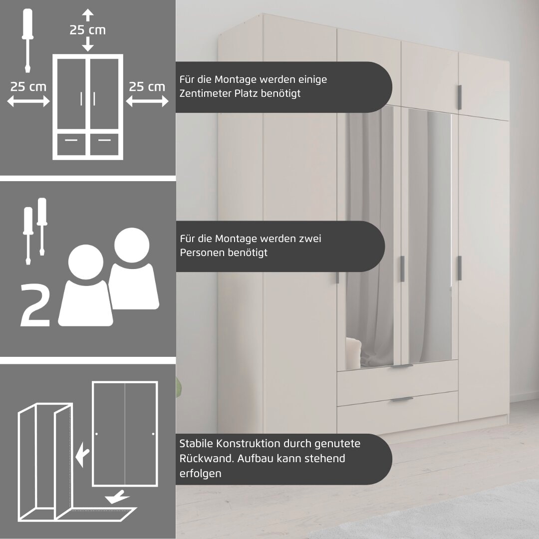rauch Kleiderschrank »Drehtürenschrank Schrank Garderobe Ankleide Schlafzimmer LAGOA« 3 verschiedene Ausstattungen BASIC/CLASSIC/PREMIUM (inkl. SOFT-CLOSE),  geräumige Schubladen, 3 Breiten, optional mit Aufsatz MADE IN GERMANY