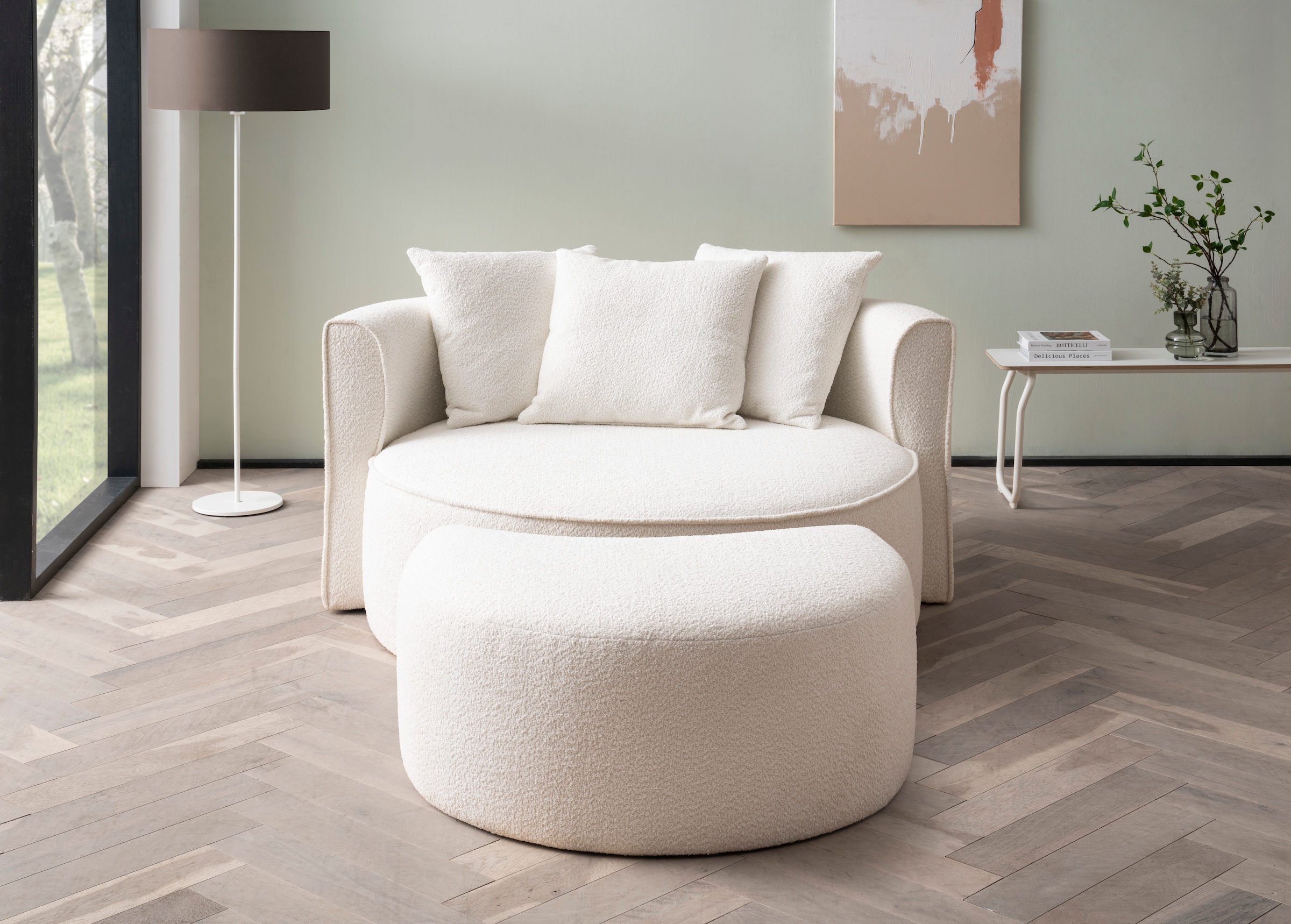 LeGer Home by Lena Gercke XXL-Sessel »ISALIE, Rundsessel mit Hocker, Lesesessel, Loveseat, Big-Sessel«, (Set), trendige Stoffe, 3 Zierkissen, grosse Sitzfläche, Cord, Samt, Bouclé