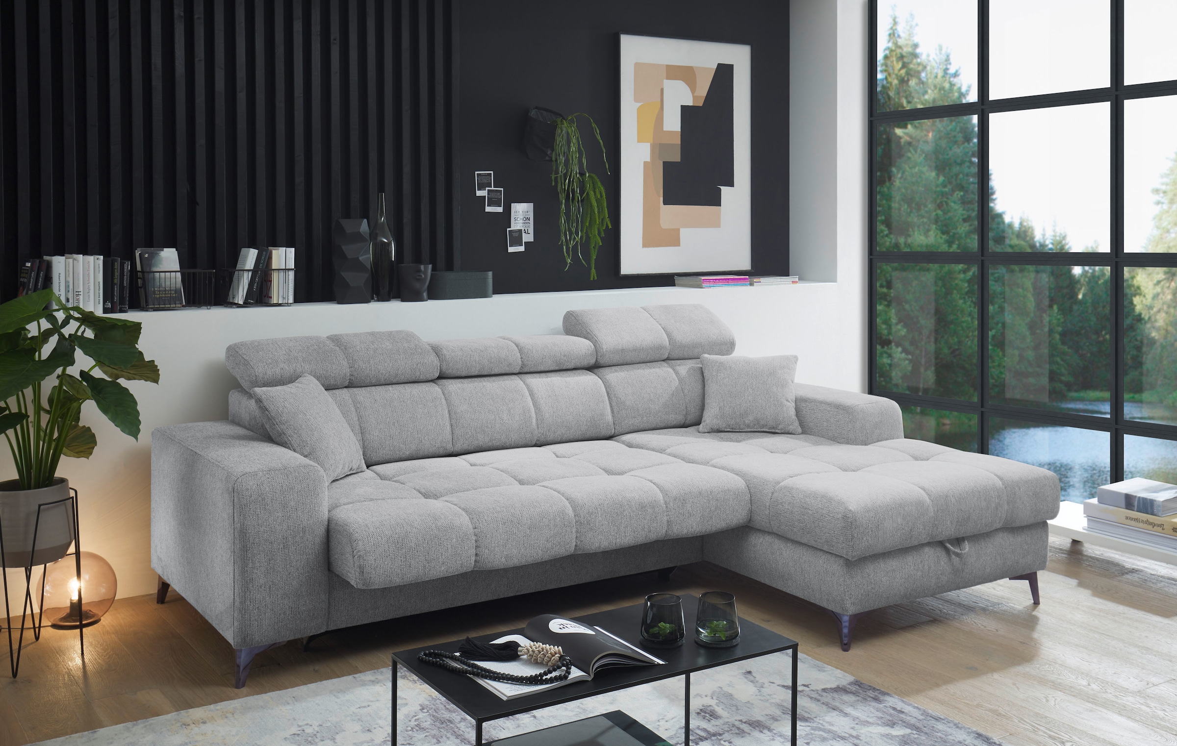 ED EXCITING DESIGN Ecksofa »Sydney L-Form mit Bettfunktion, Bettkasten, Kopfteilverstellung« motorischer Sitztiefenverstellung, USB-Port & 2 Zierkissen