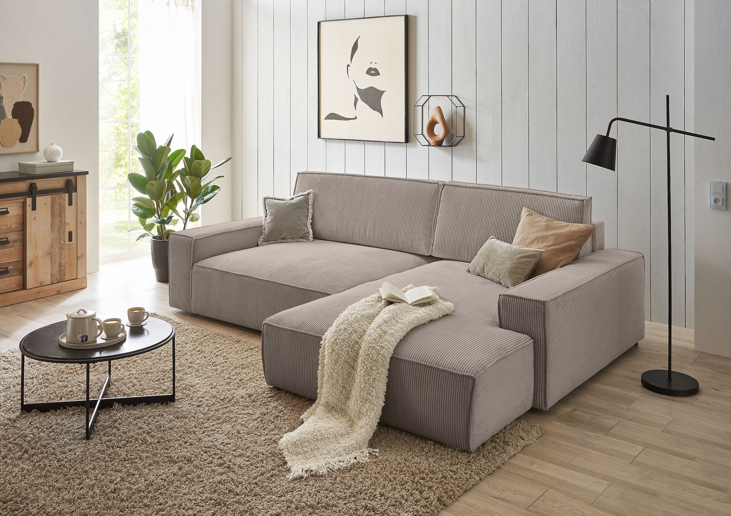 Home affaire Ecksofa »NEU: SHERWOOD XXL 284, Big-Sofa L-Form, tiefe Sitzfläche 95 cm, Cord« Recamiere rechts/links, als Schlafsofa stellbar, Cord u. Leinenoptik