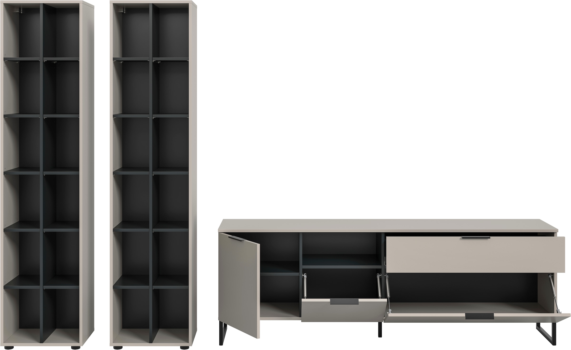 Home affaire Wohnwand »ADIO, Breite 305 cm, 3-teiliges Set, mit Metall-Kufenfüsse« Set, bestehend aus: 2x Standregal und Lowboard, 3 Stk. tlg.