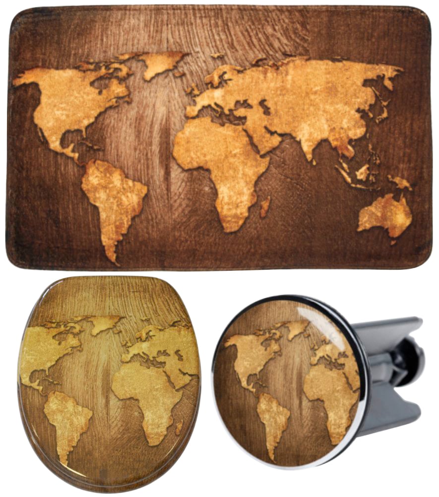 Image of Sanilo Badaccessoire-Set "World Map" bestehend aus WC-Sitz, Badteppich und Waschbeckenstöpsel
