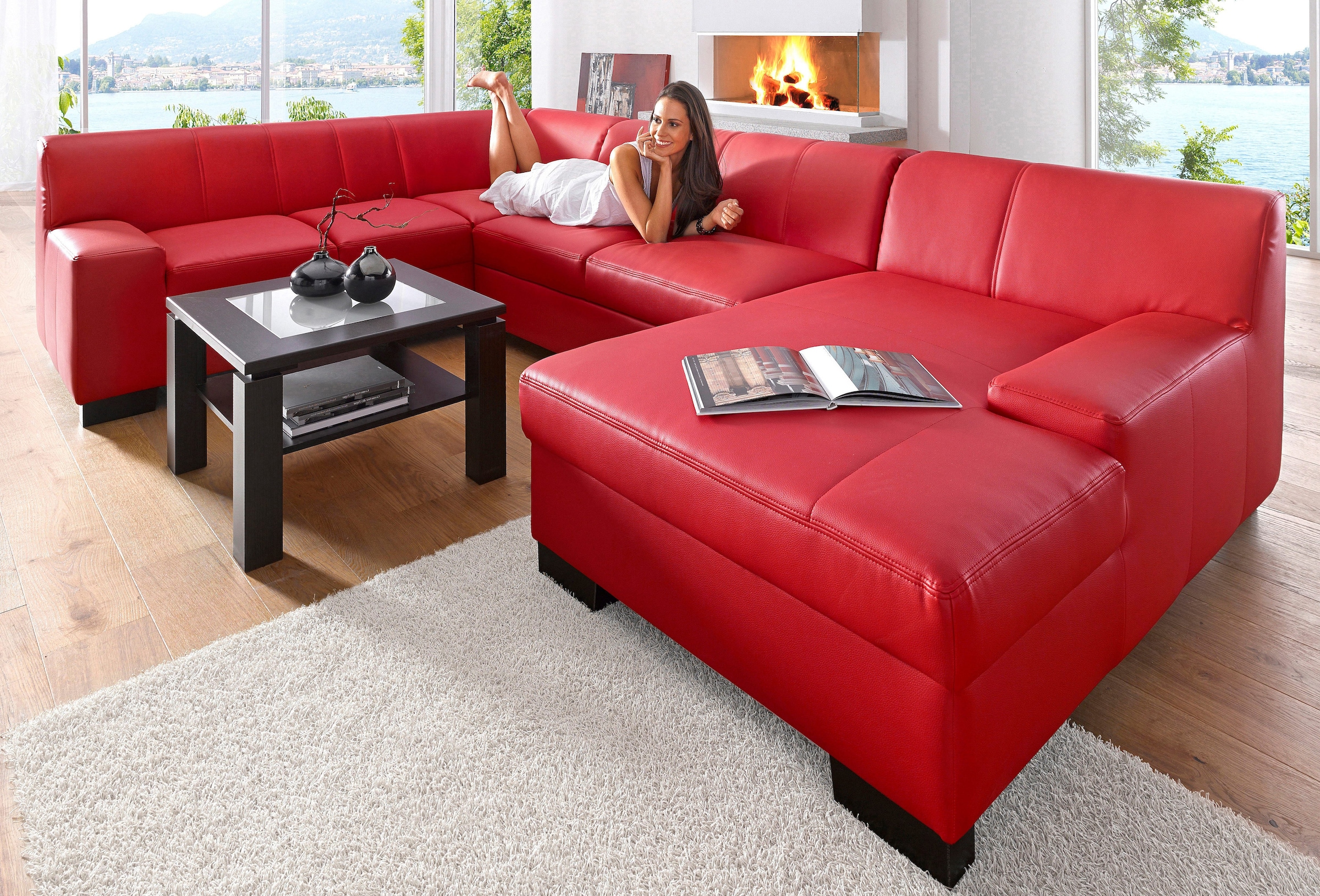 DOMO collection Wohnlandschaft »Norma Top, elegant und modern, flache Armlehnen, komfortabel, U-Form« wahlweise mit Bettfunktion, mit viel Platz