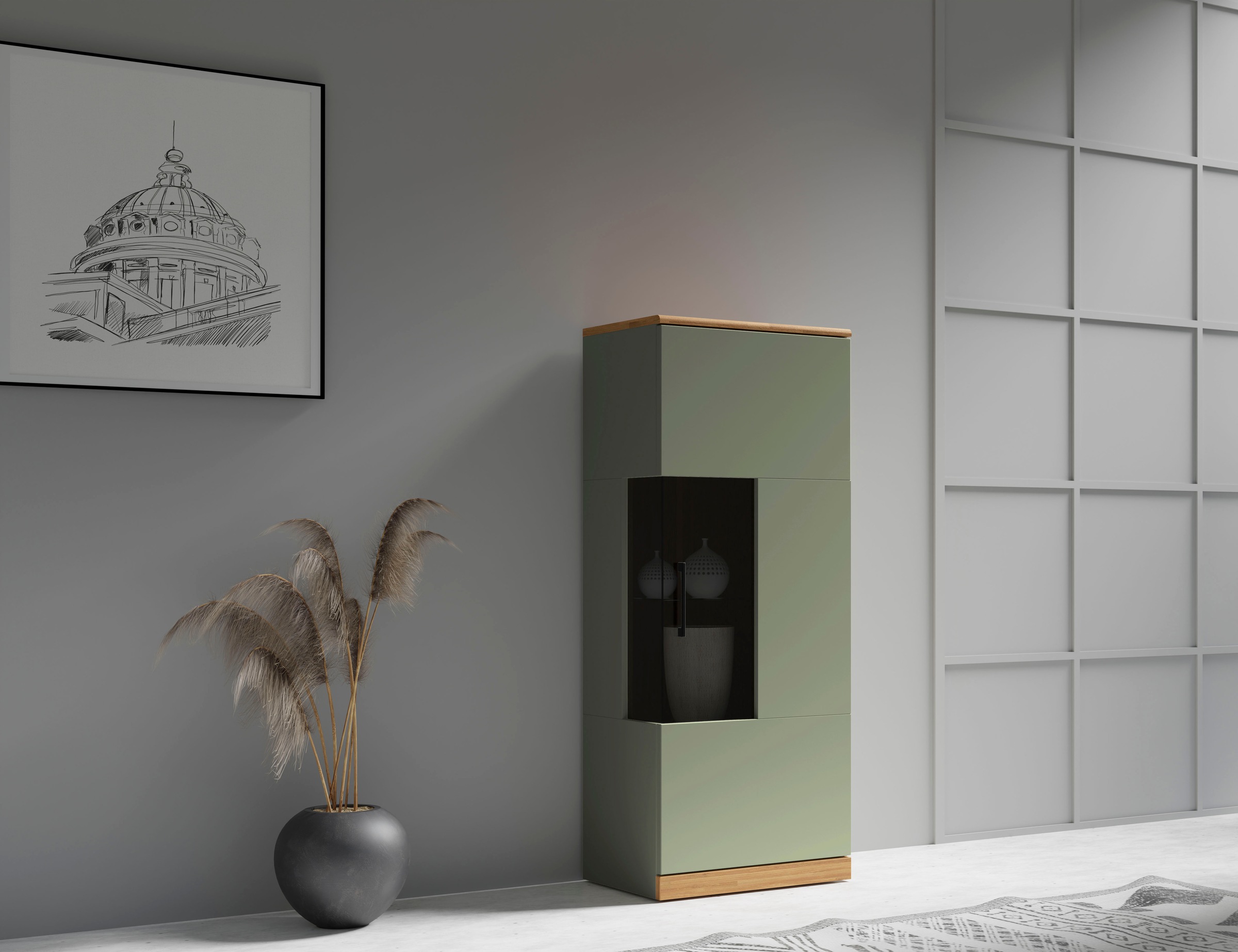 Image of GOODproduct Vitrine "Ribe,125cm hoch,4 Fächer,1Glasboden variabel einsetzbar" Oberplatte Eiche massiv,dunkles Glas, schwarze Metall Griffe