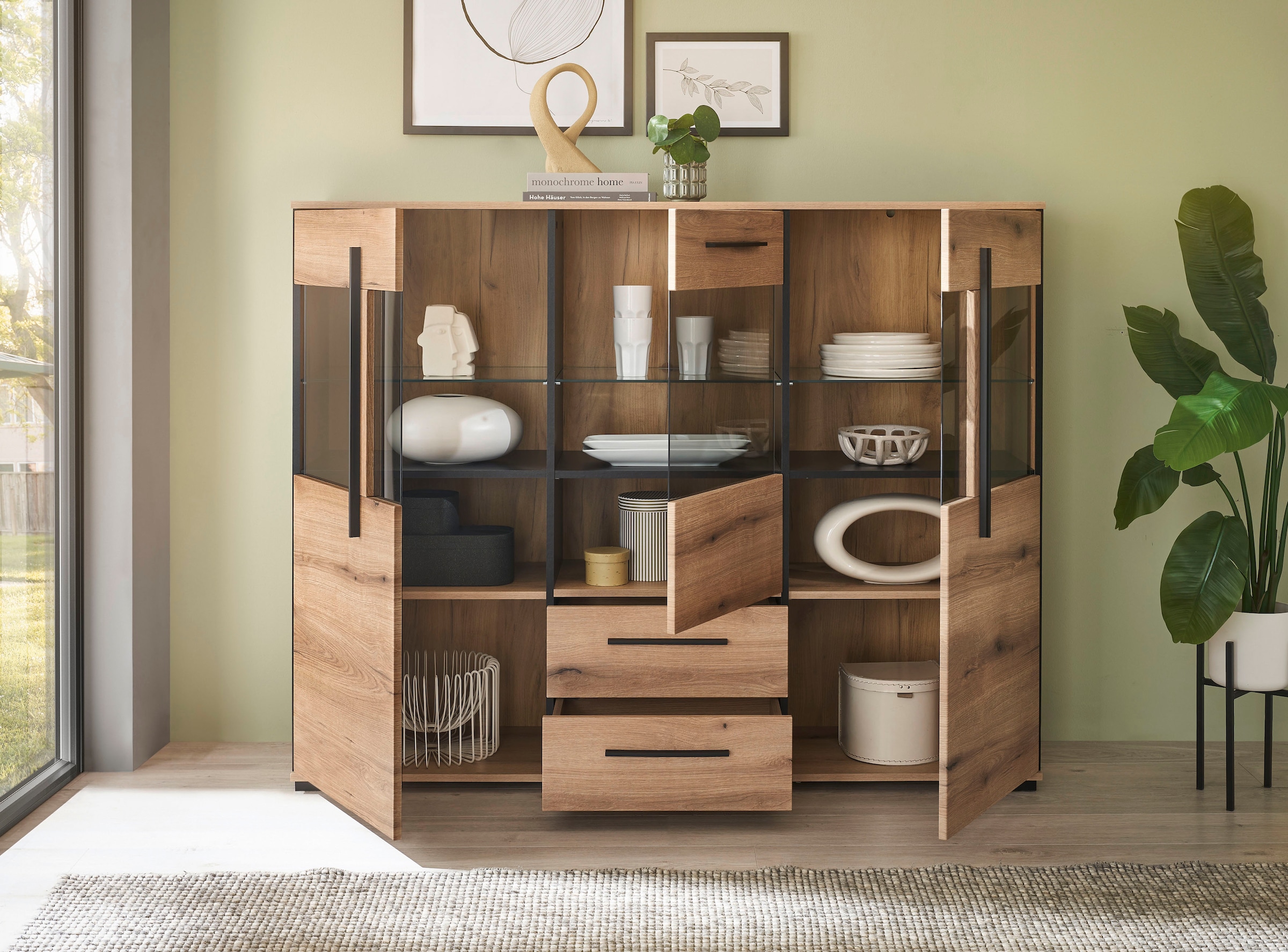 INOSIGN Highboard »Cantara, moderner Schrank, Vitrine in Eiche Dekor oder weiss«, schwarze Stangengriffe, ausreichend Stauraum, vielseitig einsetzbar