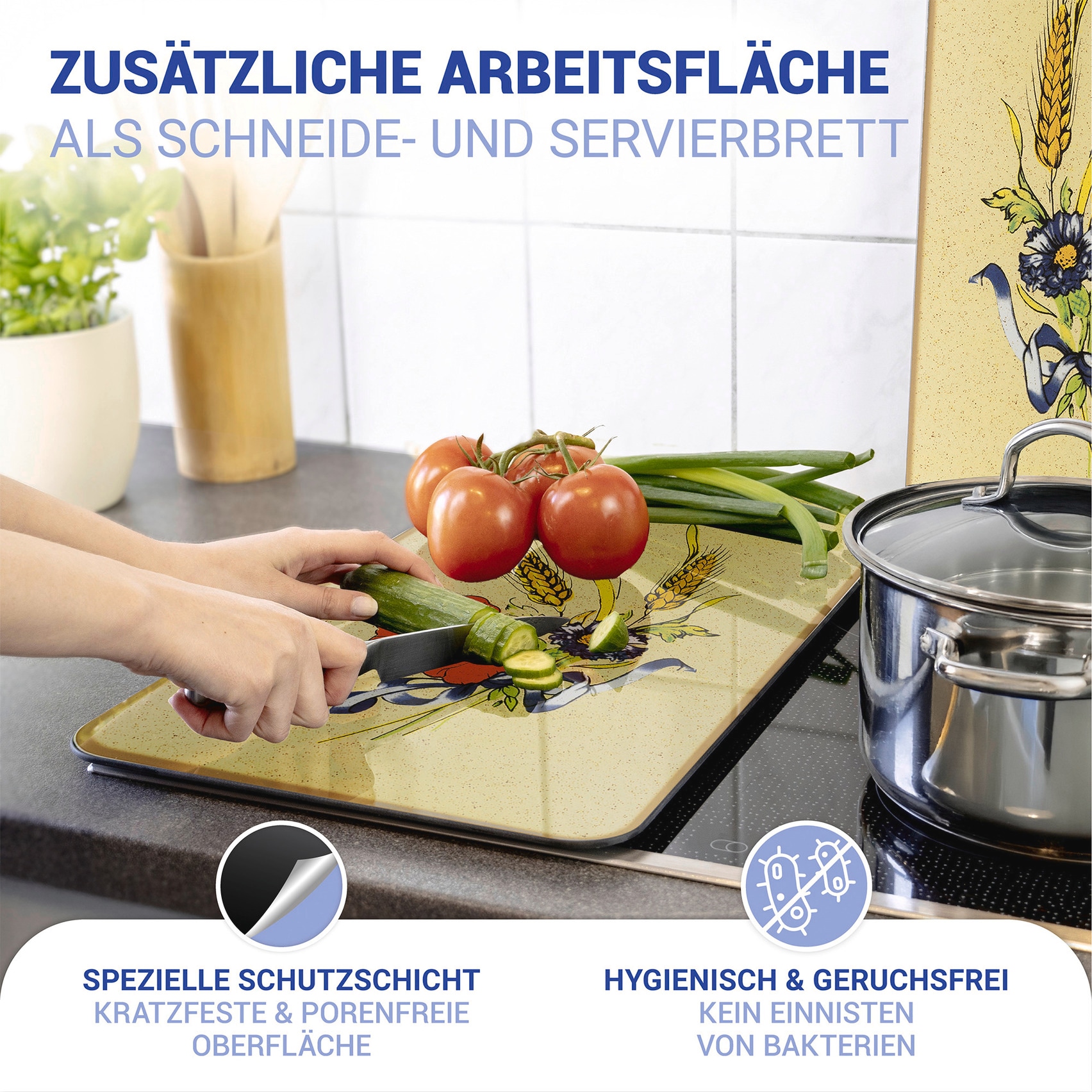 WENKO Herd-Abdeckplatte »Universal Modell Kornblumen«, (Set, 2 tlg.), Herdabdeckung für alle Herdarten, kratzfest, mit rutschfesten Füssen