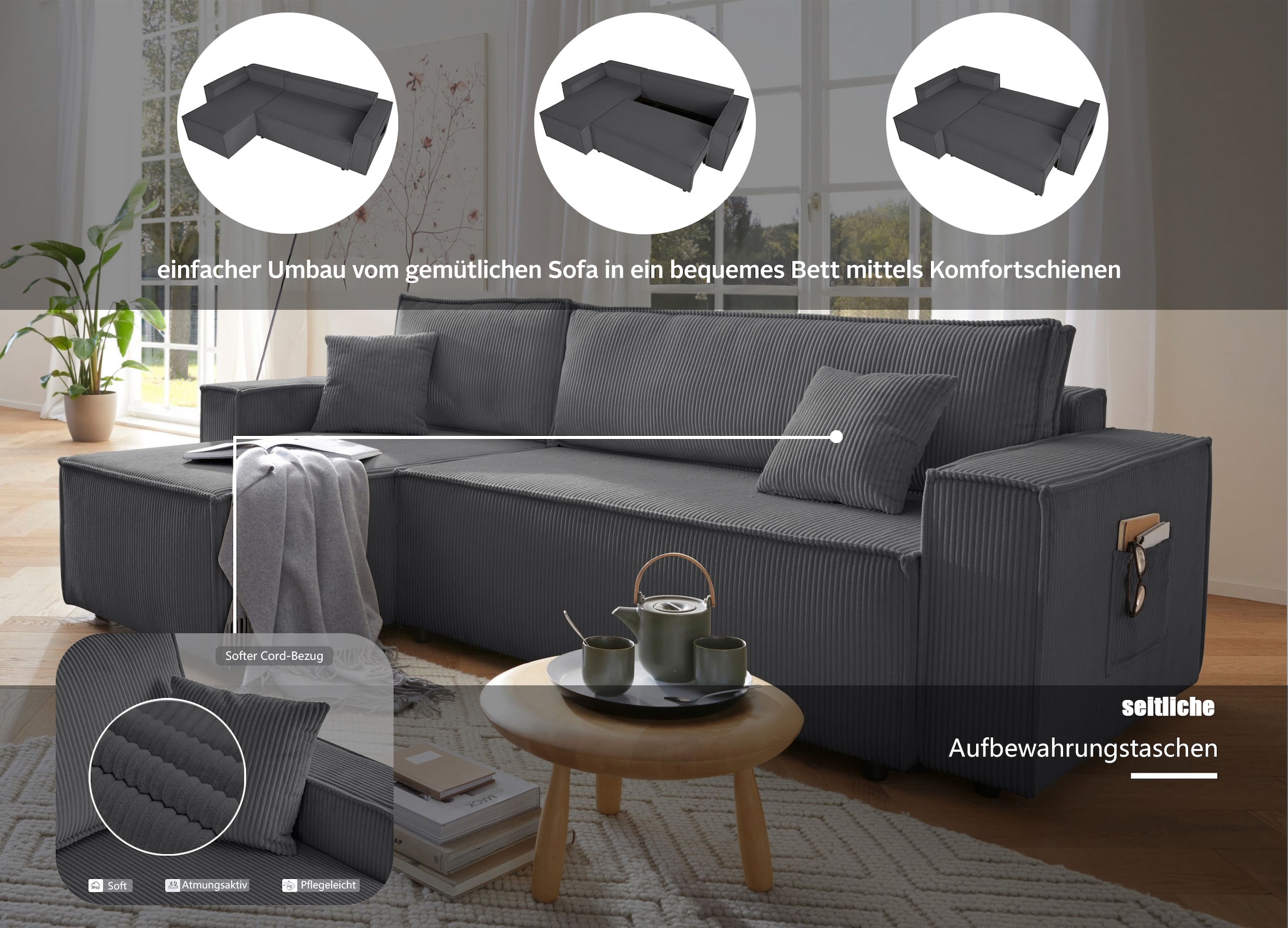 GOODproduct Ecksofa »CASSI L-Form, 241cm - OTTO. Verlässliche Qualität.« Schlaffunktion (133/200) ,Bettkasten, Recamiere links/rechts, Cord