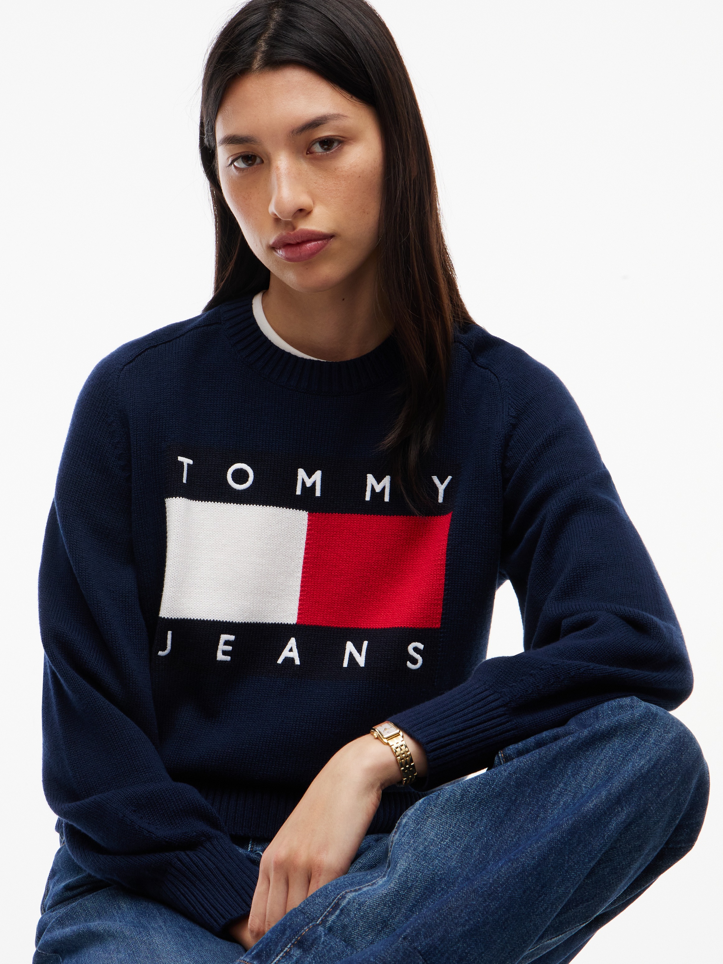 Tommy Jeans Rundhalspullover »TJW FLAG SWEATER EXT« Baumwollmischung