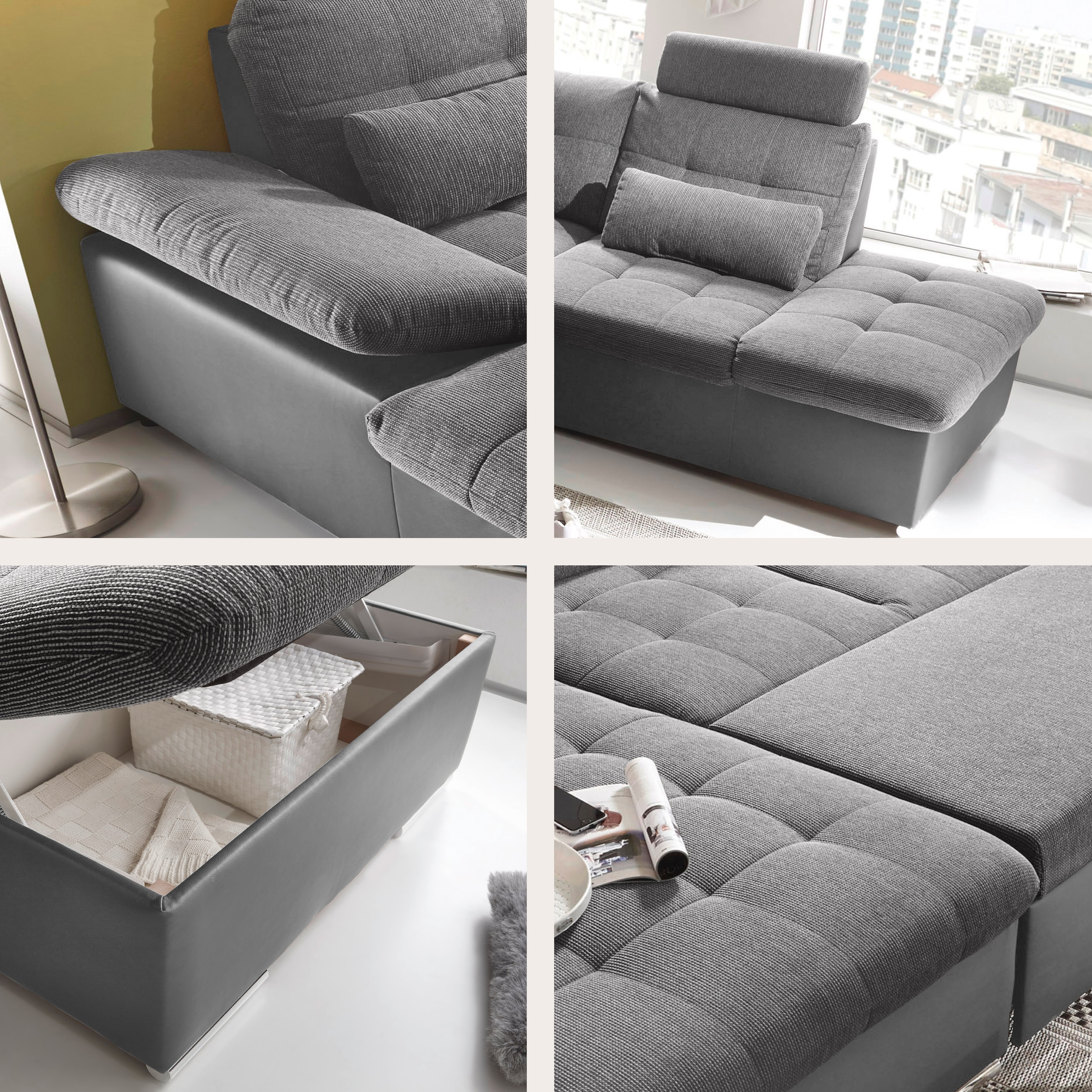 ED EXCITING DESIGN Paysage de salon »Jakarta U-Form mit Bettfunktion, Bettkasten« Armteilverstellung, Kopfstützen & 3 Nierenkissen