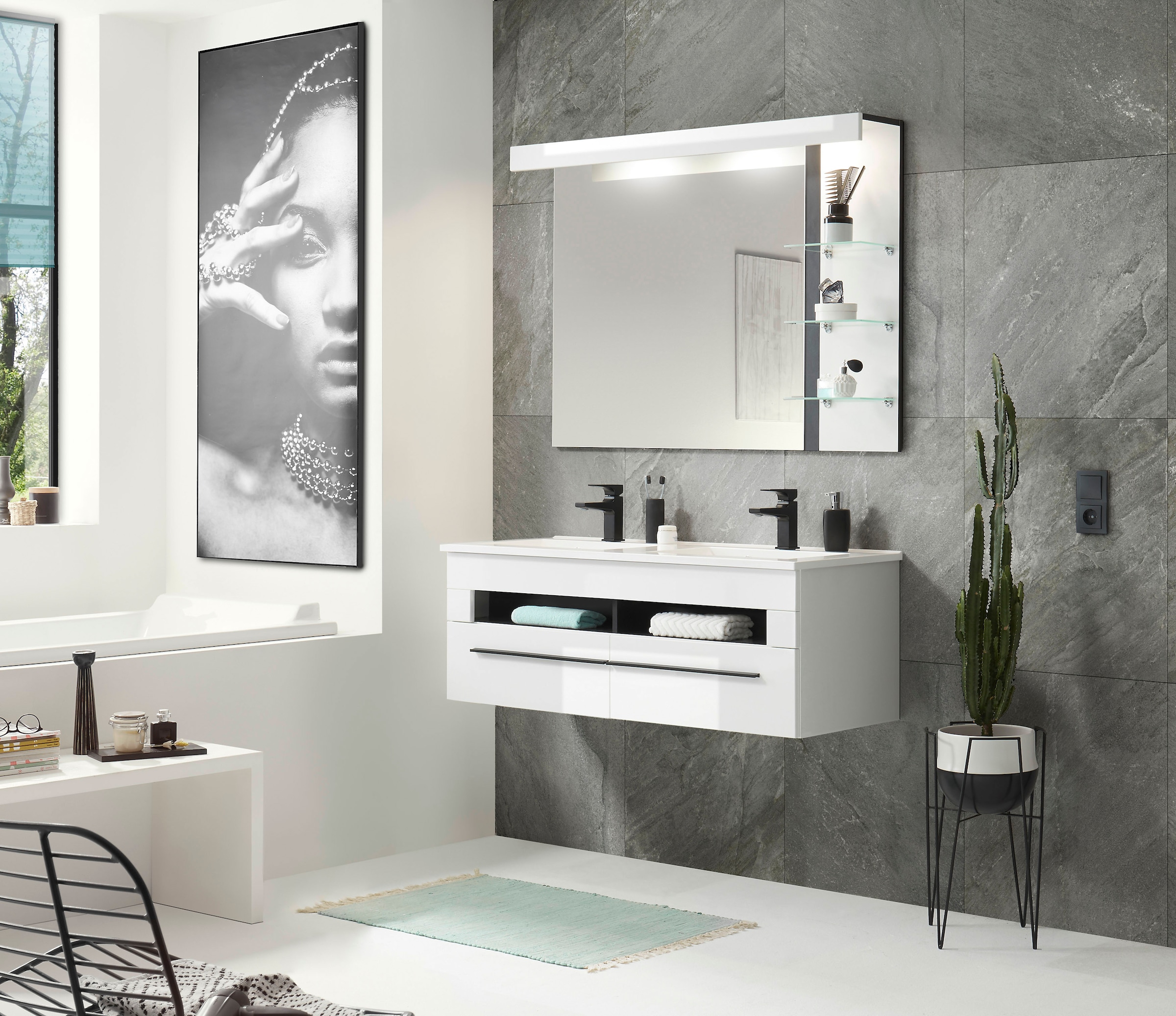 INOSIGN Badmöbel-Set »Cantara, Bad im modernen Design, 2-teiliges Badezimmer«, (Set, 2 St.), Waschtisch und Spiegel, in Weiss Hochglanz, viel Stauraum