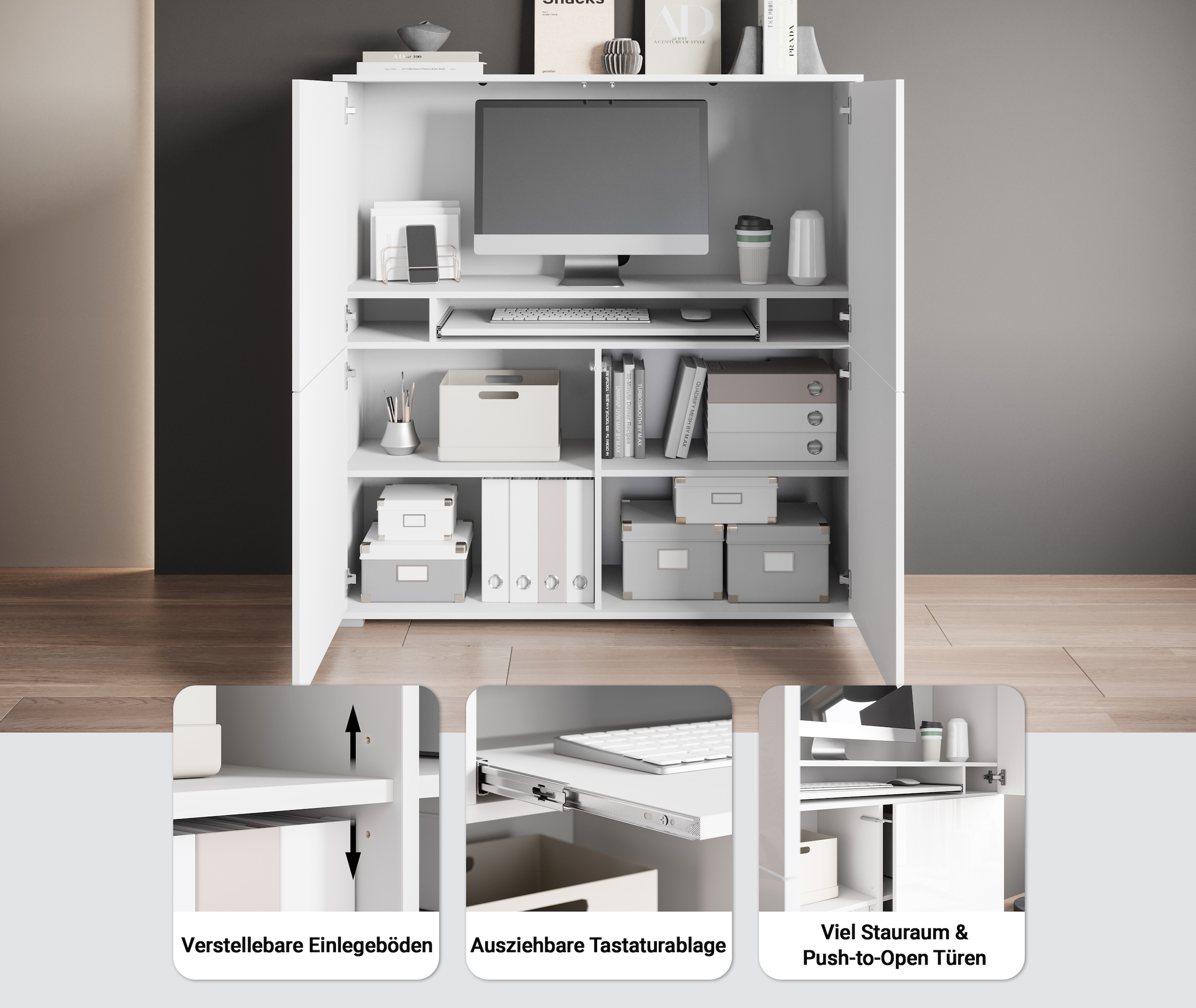 GOODproduct Armoire pour PC »Kenia, Sekretär, Home Office« 1 cuis tlg. avec push-to-open, tiroir clavier et rangement pratique