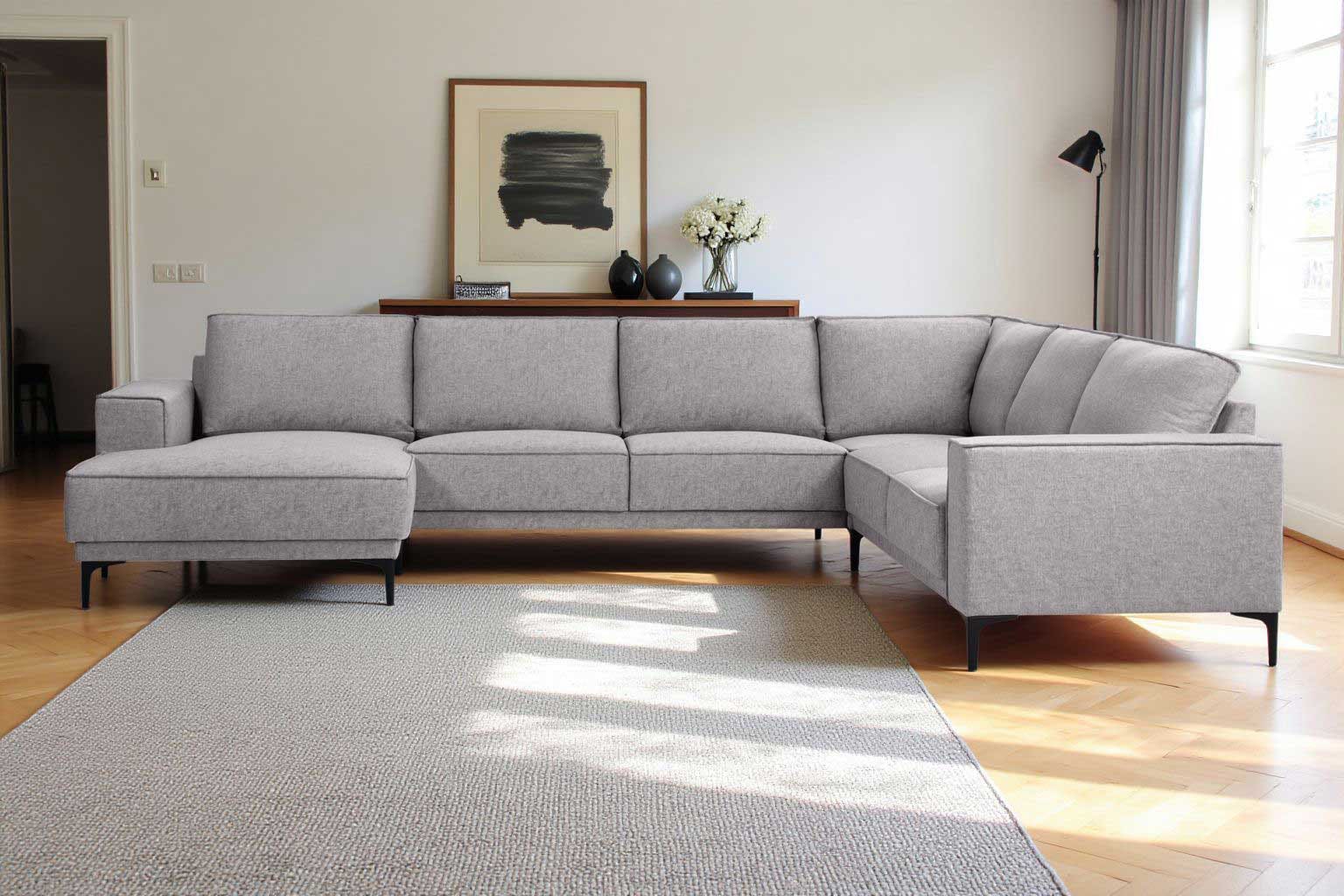 Places of Style Wohnlandschaft »XXL Sofa Oland, Struktur, Flachgewebe, Luxus-Microfaser, Boucle«, U-Form, 342 cm, Wellenunterfederung, Skandi-Design, Metallfüsse
