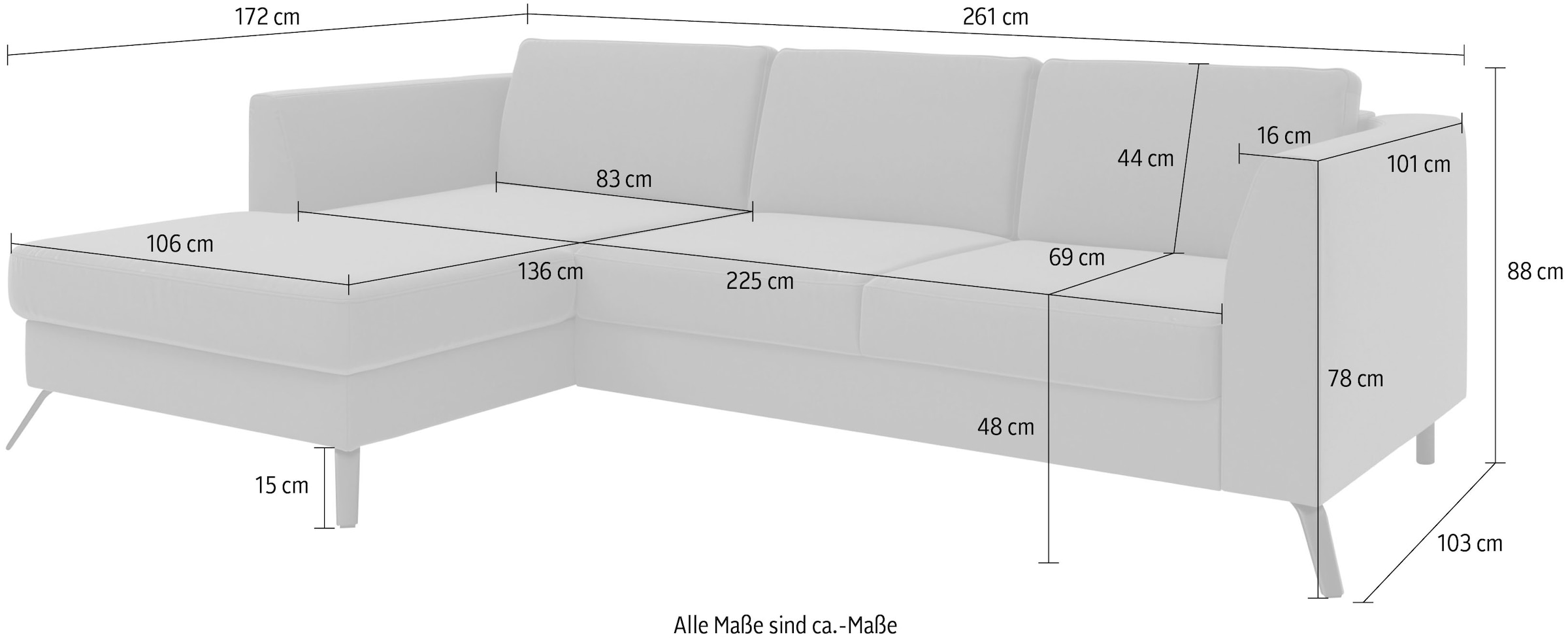sit&more Ecksofa »Olsen L-Form« inklusive Sitztiefenverstellung, wahlweise mit Bettfunktion, 15cm hoch
