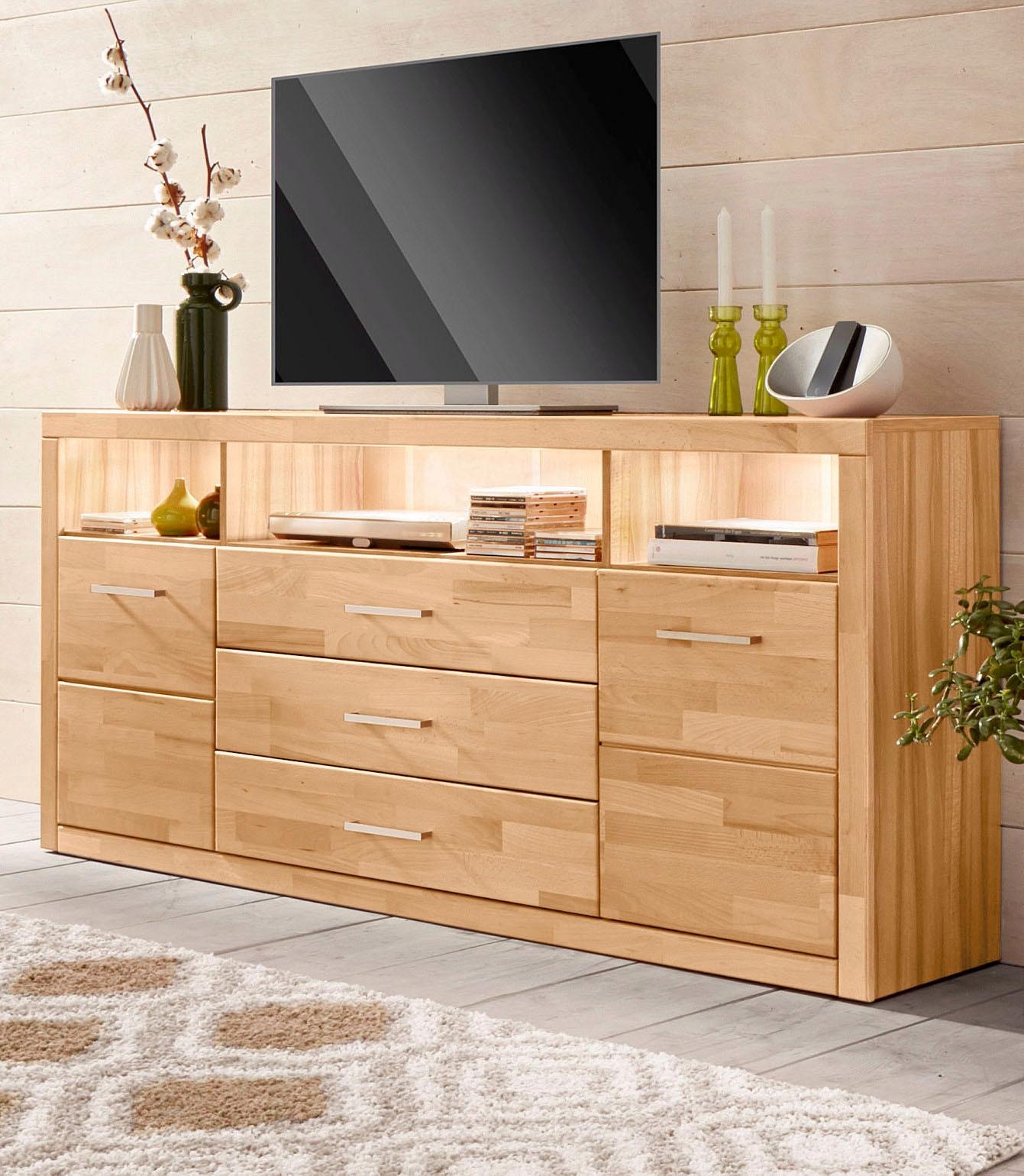 Image of GOODproduct Sideboard "Ribe,180cm breit, Fronten Massivholz,7 Fächer" Holz massiv, Holzwerkstoff, Metall Griffe,2Türen,3Schubladen