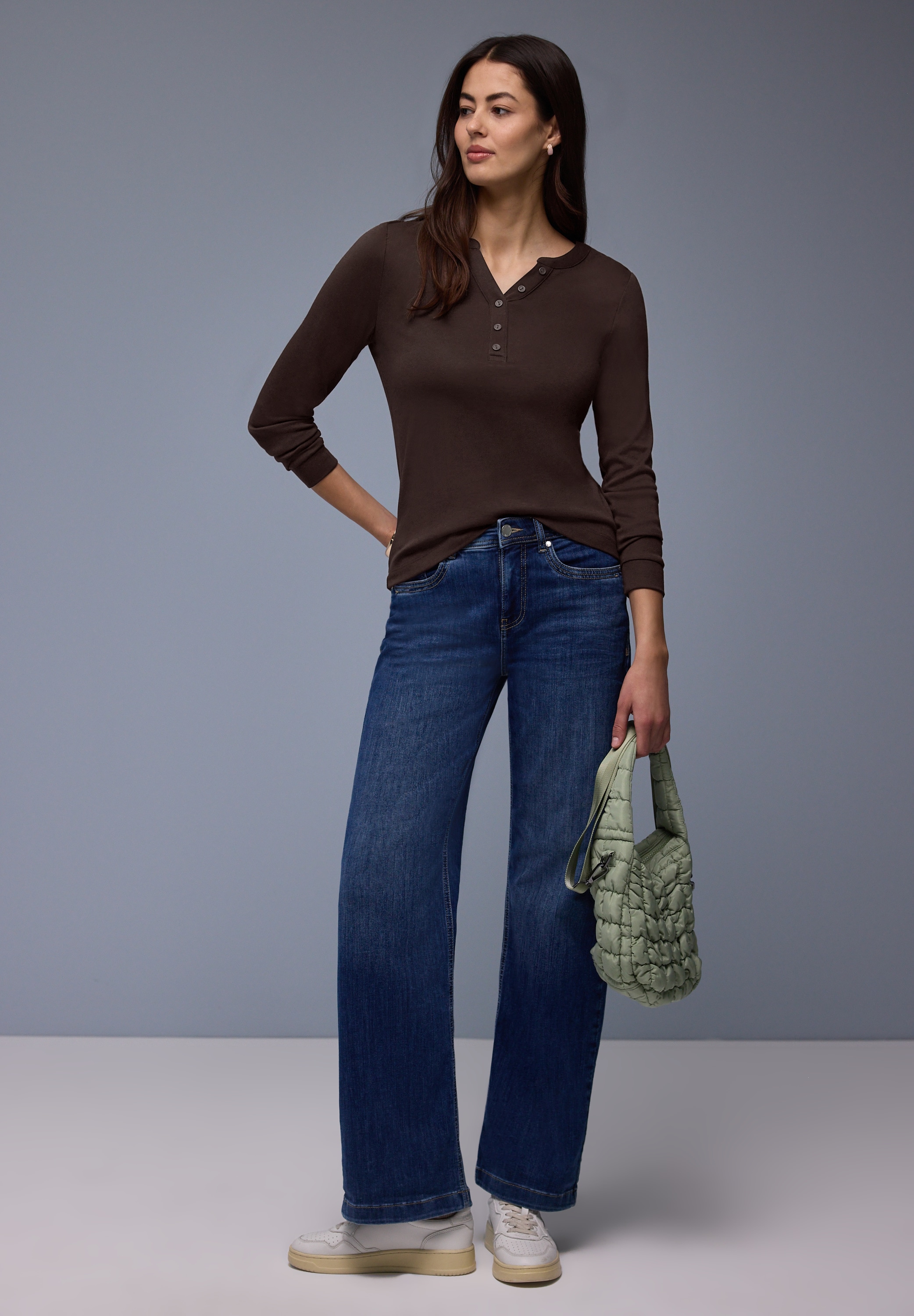 STREET ONE T-shirt à manches longues mit dekorativem Split Neck und Knopfleiste