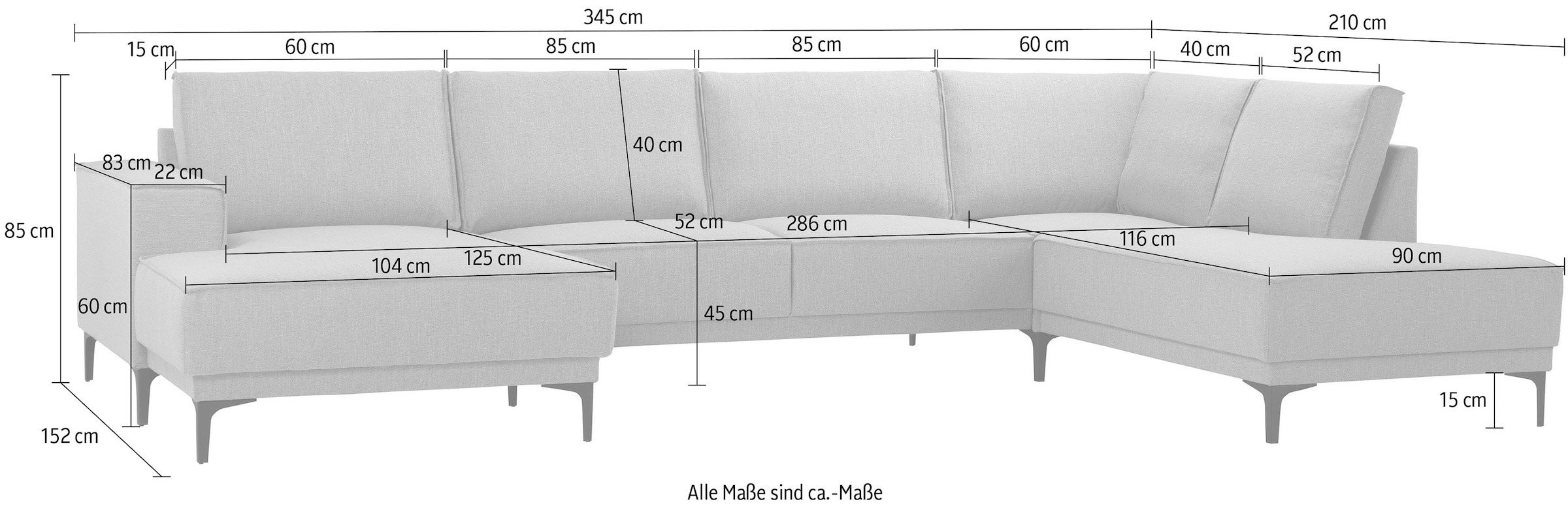 Places of Style Wohnlandschaft »XXL Sofa Oland, Struktur, Flachgewebe, Luxus-Microfaser, Boucle«, U-Form, 345 cm, Wellenunterfederung, Skandi-Design, Metallfüsse