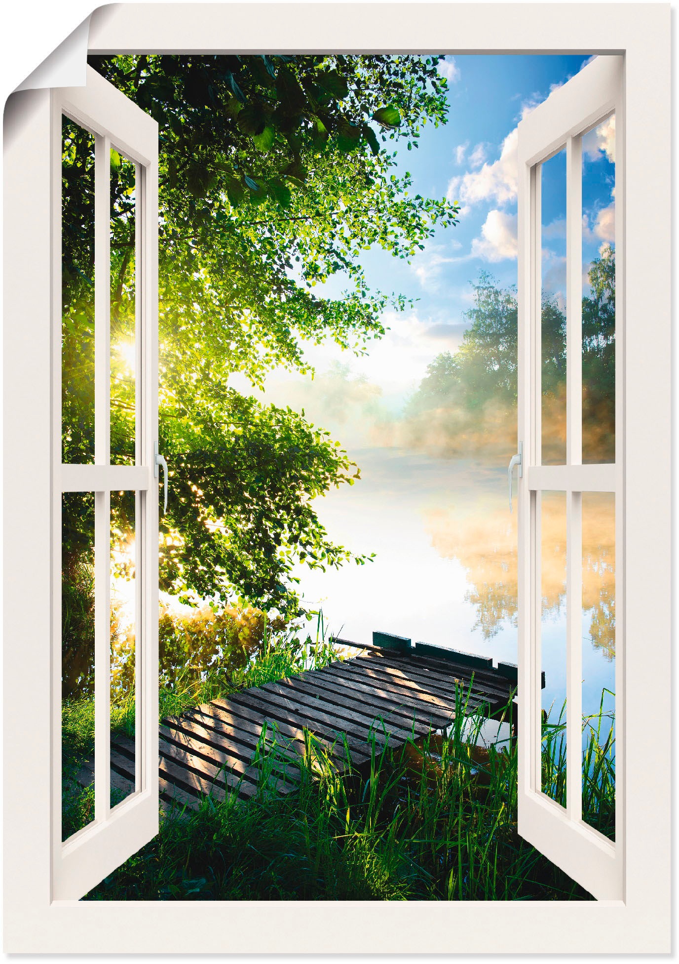 Image of Artland Wandbild »Fensterblick Angelsteg am Fluss«, Fensterblick, (1 St.), in vielen Grössen & Produktarten - Alubild / Outdoorbild für den Aussenbereich, Leinwandbild, Poster, Wandaufkleber / Wandtattoo auch für Badezimmer geeignet bei Ackermann Versand 