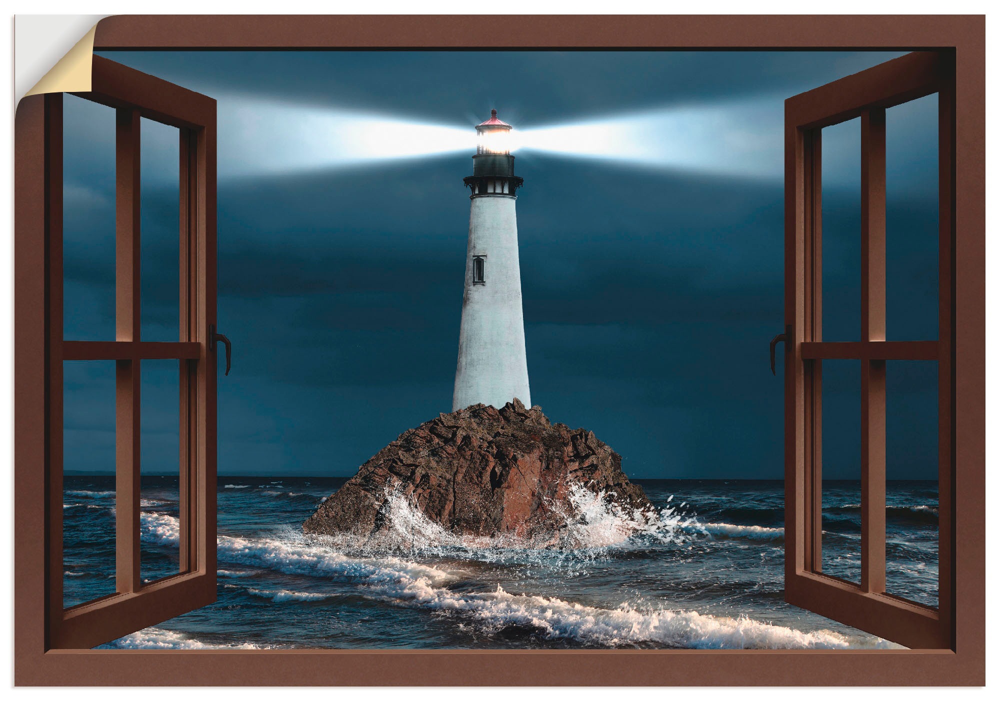 Image of Artland Wandbild »Fensterblick Leuchtturm mit Lichtstrahl«, Gebäude, (1 St.), in vielen Grössen & Produktarten - Alubild / Outdoorbild für den Aussenbereich, Leinwandbild, Poster, Wandaufkleber / Wandtattoo auch für Badezimmer geeignet bei Ackermann Versa